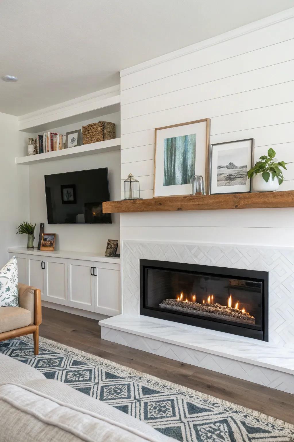 Affix a suspended ledge, providing a stylish display above your hearth.