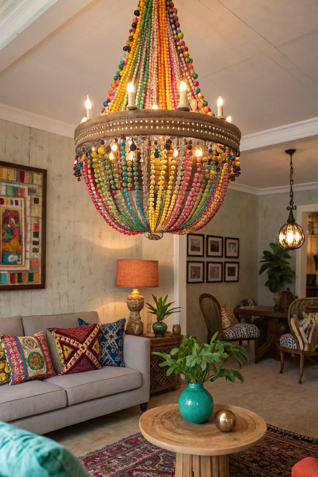 An eclectic living room presents a beaded chandelier embellished with bright, colorful beads.