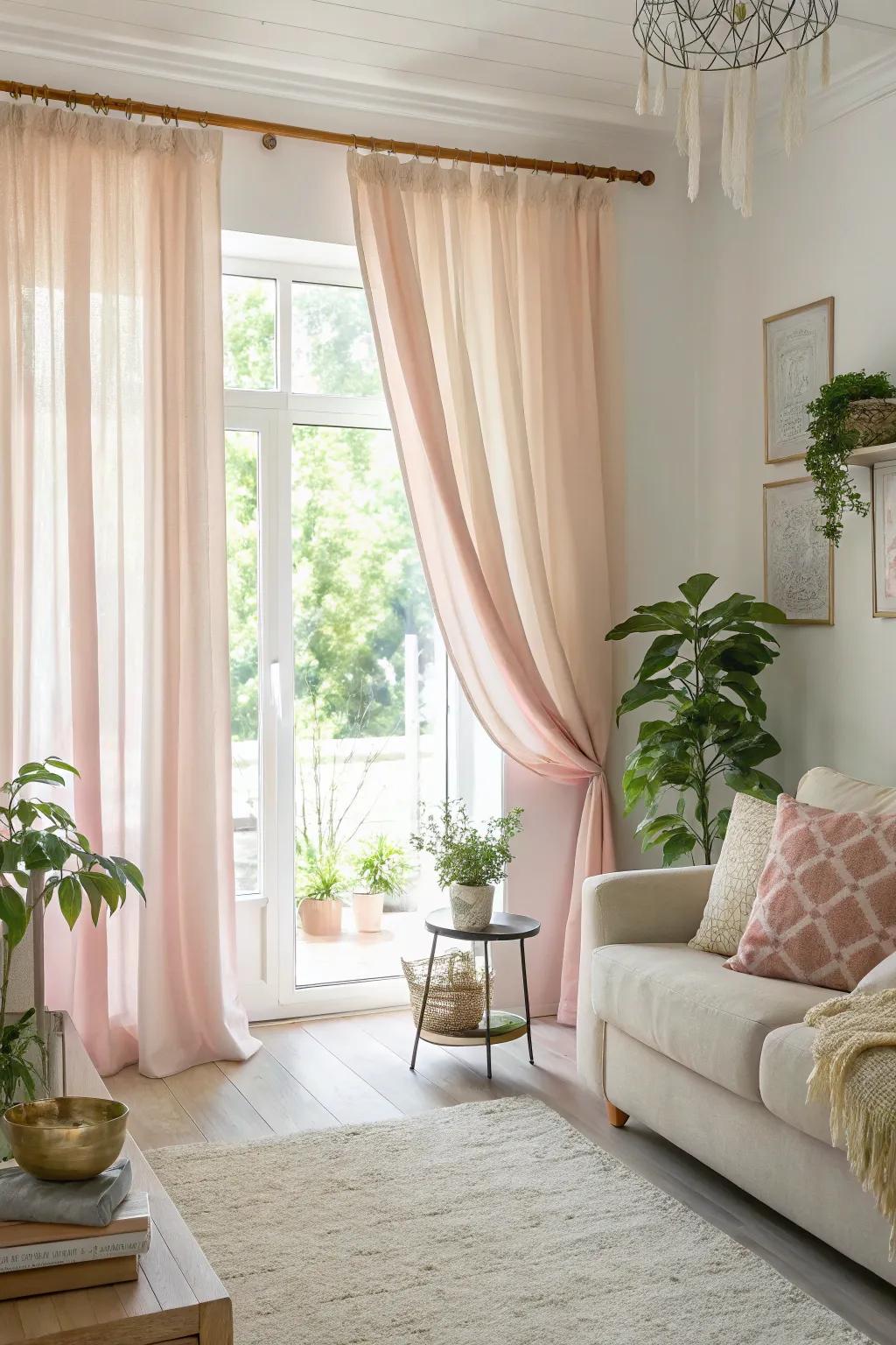 Boosting natural light in your living room using light-colored drapes.