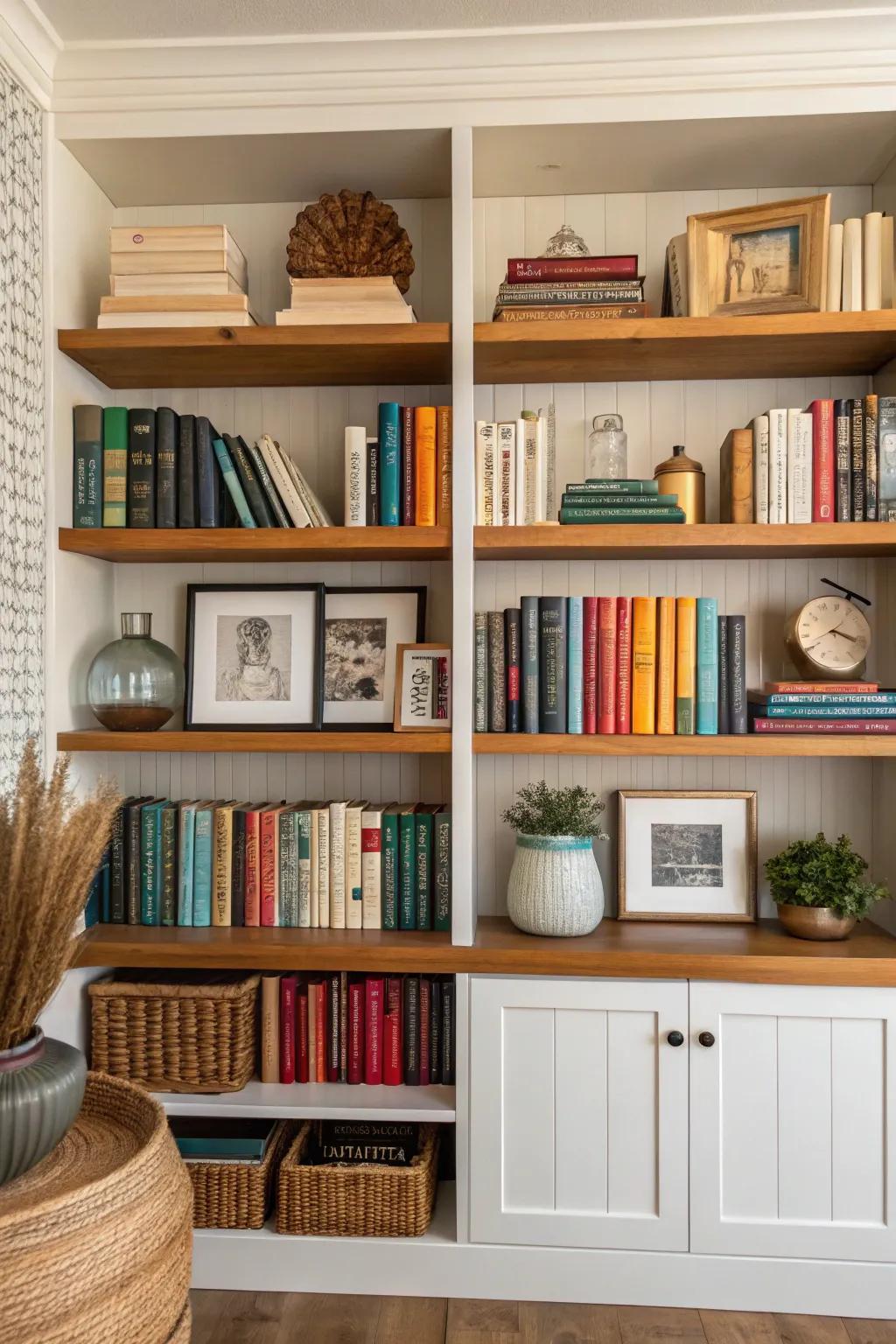 Experiment with symmetry and asymmetry for a captivating bookshelf presentation.