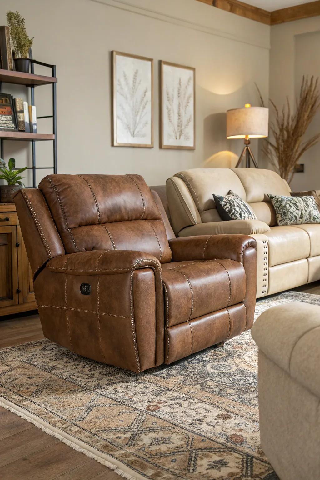 A layered living space displaying a hide recliner and woven couches.