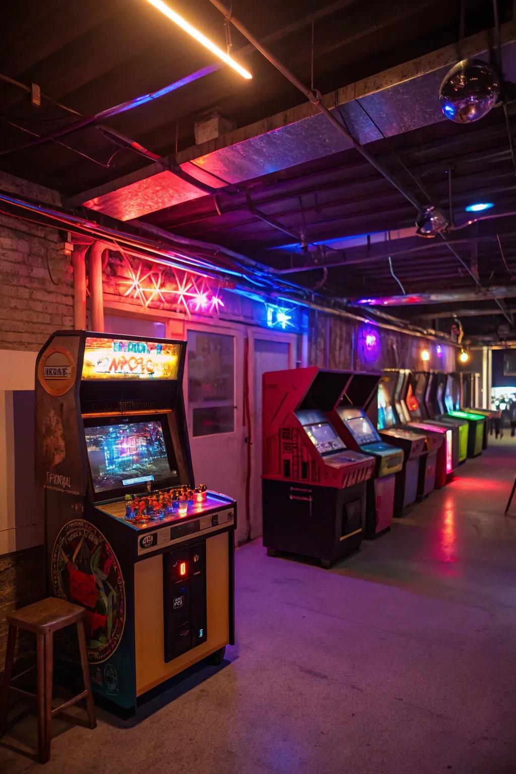 A vintage arcade section imparts character and a nostalgic sensation to the recreational room.