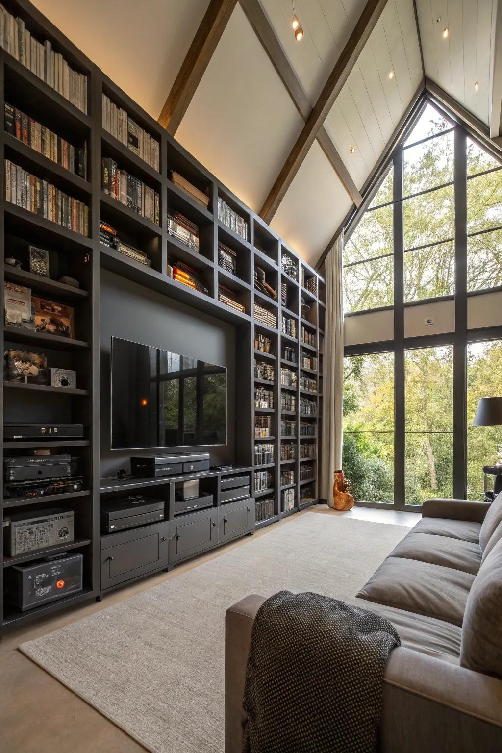 Vertical storage greatly enhances space efficiency in a loft-style media room.