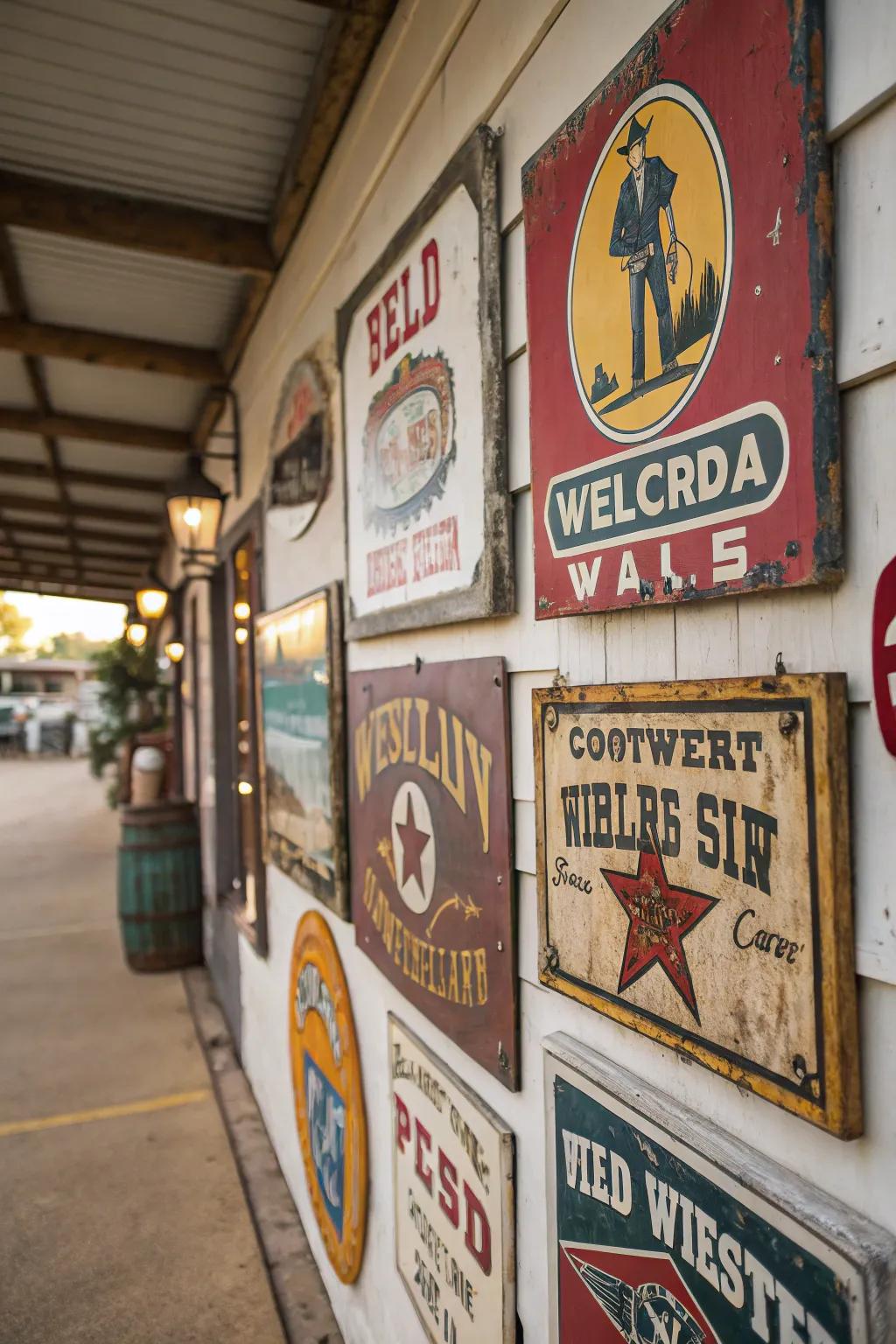Vintage Western signs introduce character and history.