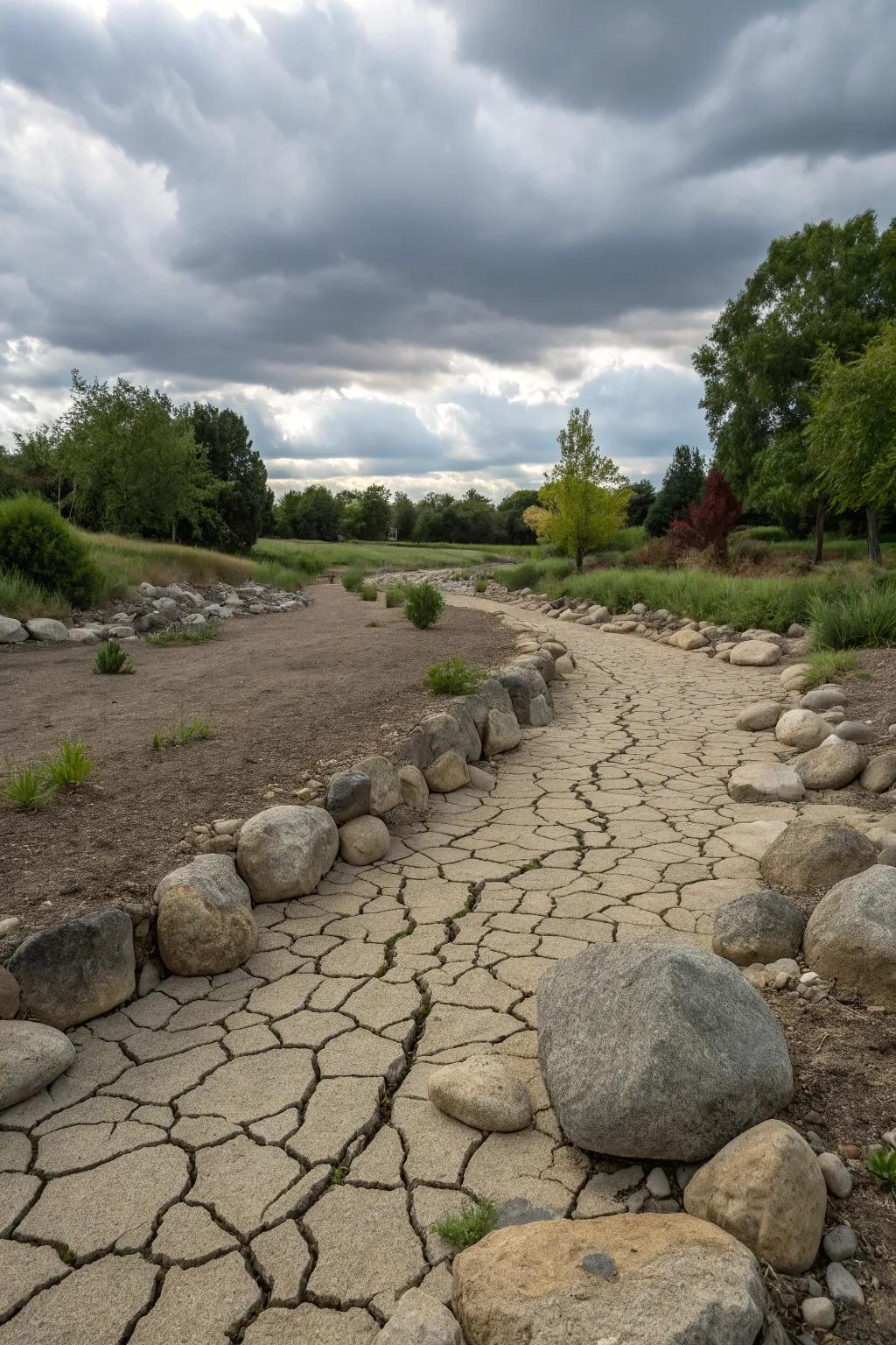 A dry streambed design featured in a small rock garden.