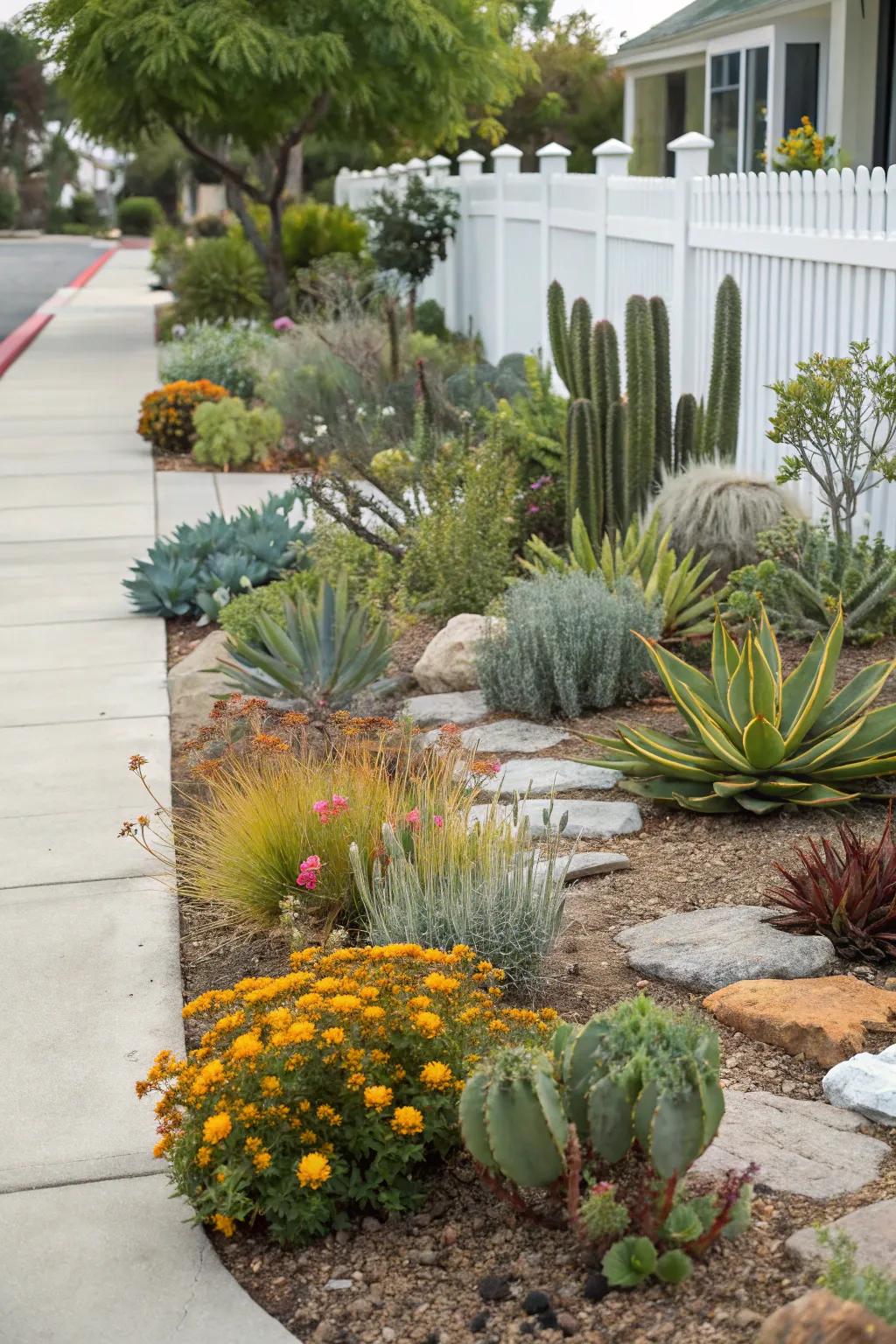 A blend of textures and colors crafts an energetic, inviting xeriscape garden.