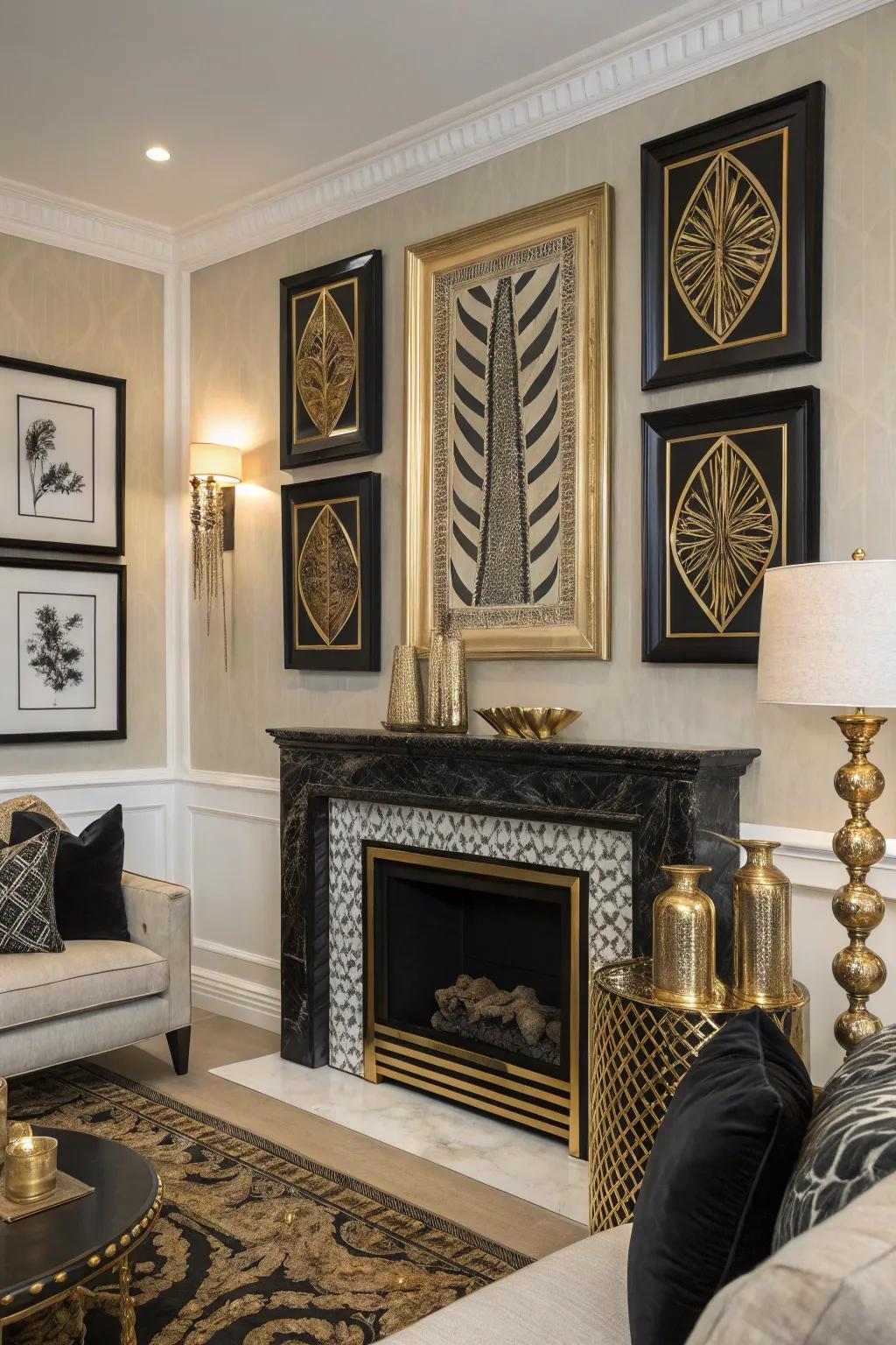 Striking charcoal and gilded artwork enhancing the room's sophistication.