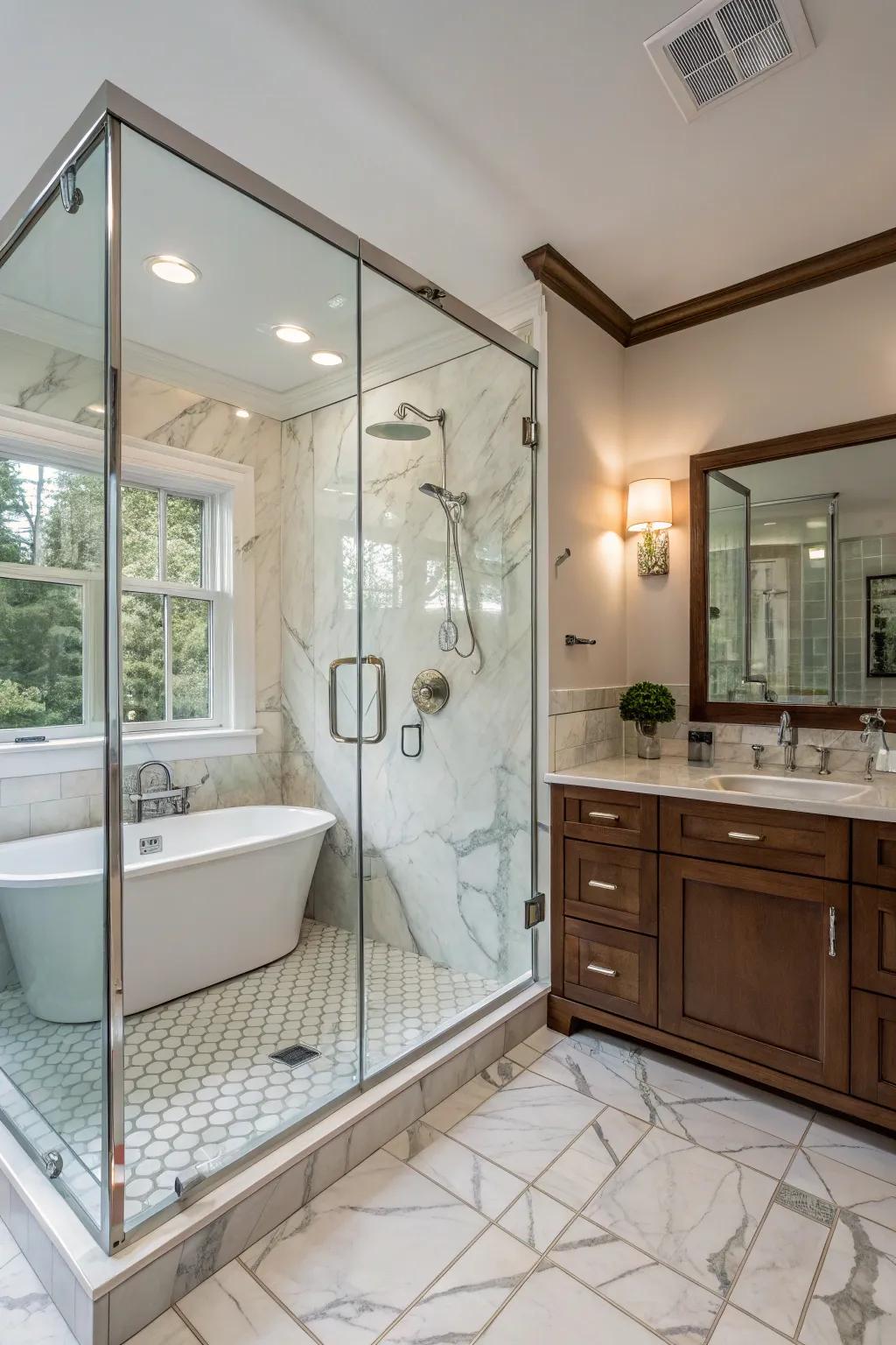 Glass-enclosed showers add elegance and openness.