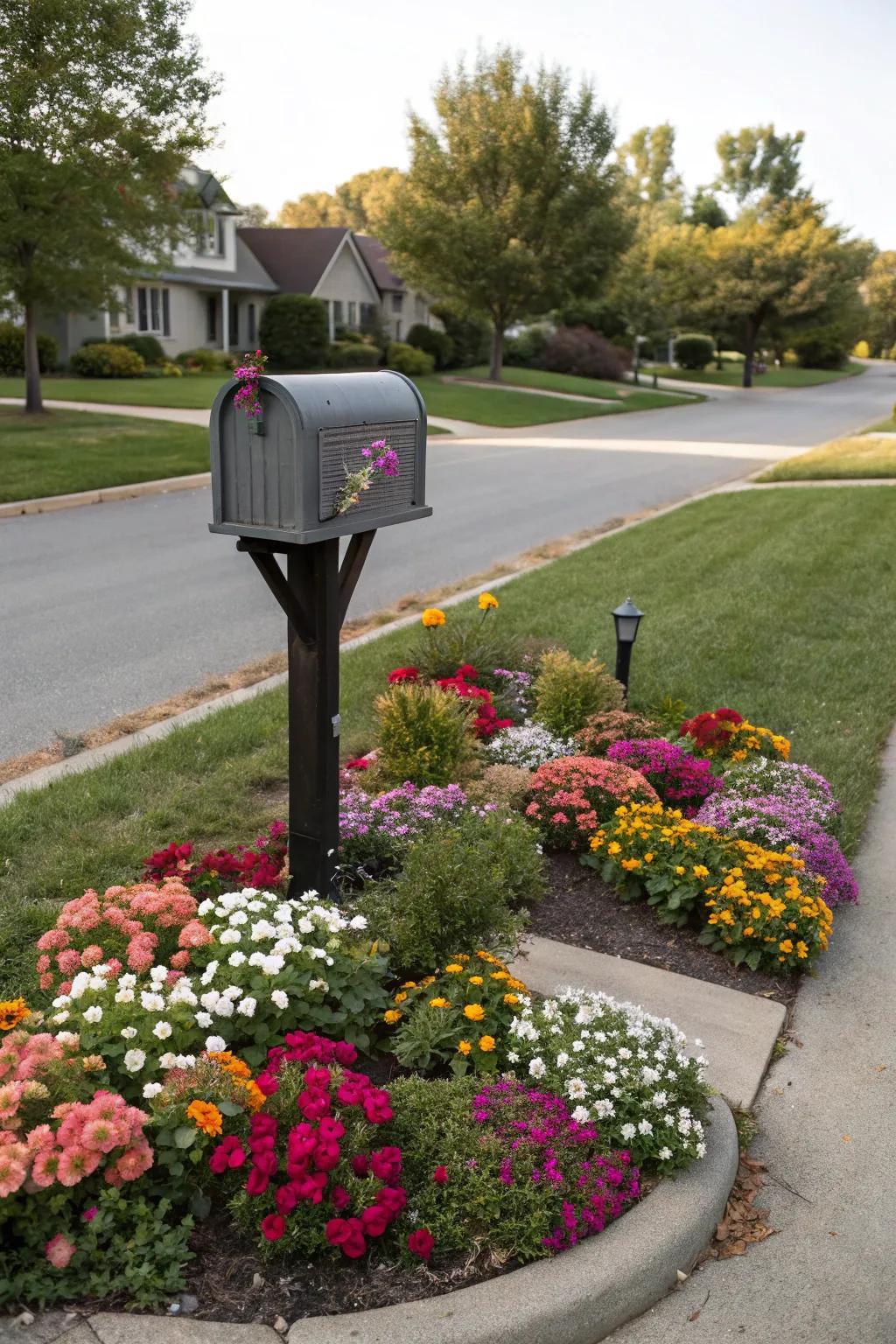 Hue harmony between flowers and mailbox crafts a unified appearance.