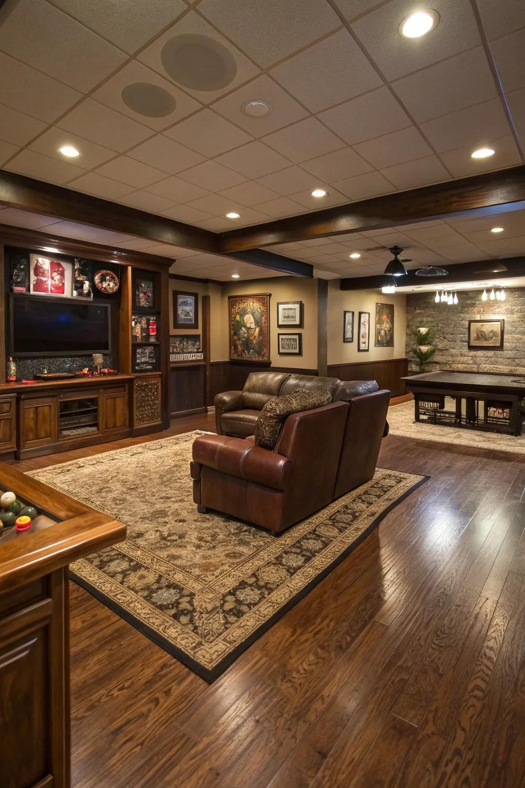 Rich flooring enriching warmth and texture within the man cave.
