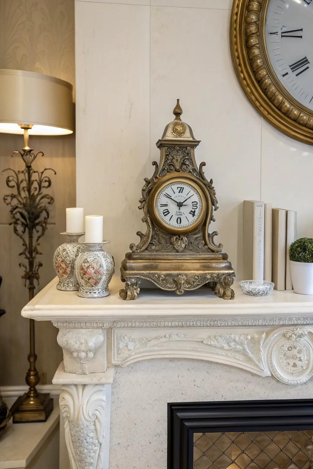 A stylish clock brings a useful and classic centerpiece to the mantel.