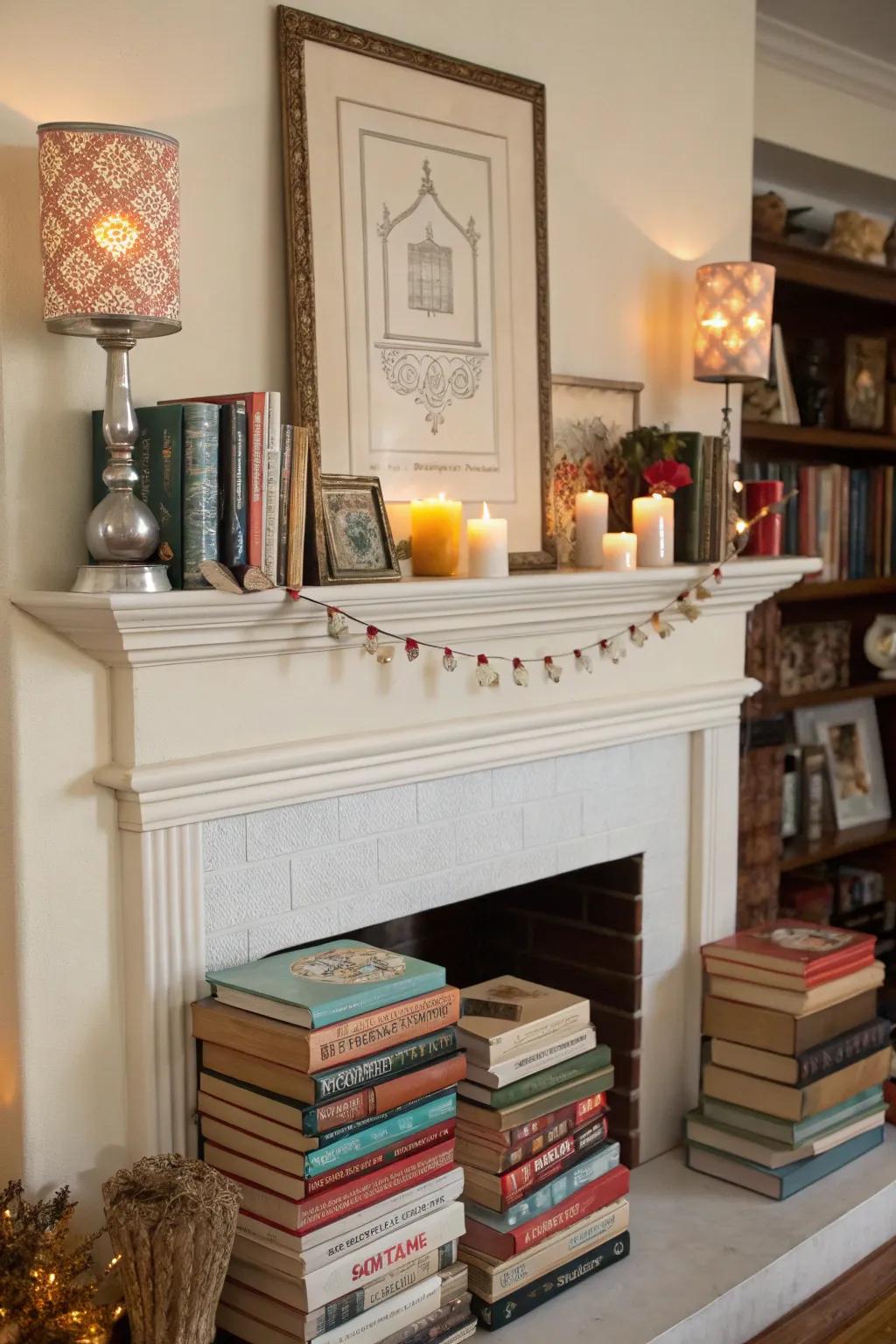 Books add a sense of warmth and personality to a mantel.