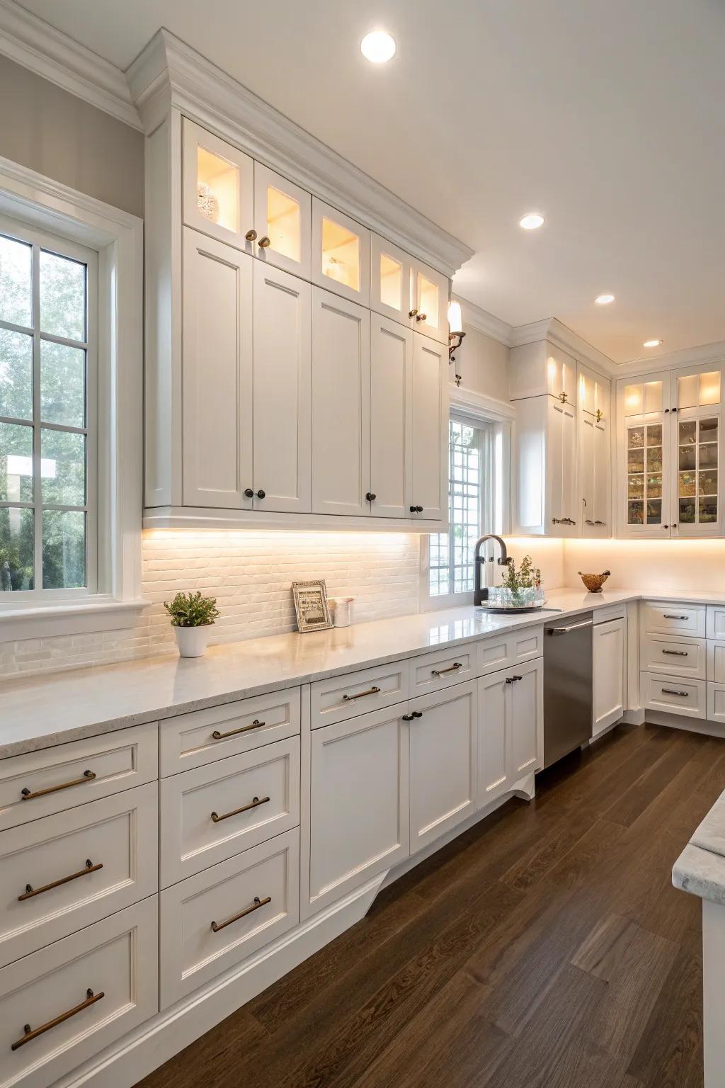 A minimalist kitchen with white birch units, amplifying the sensation of space.