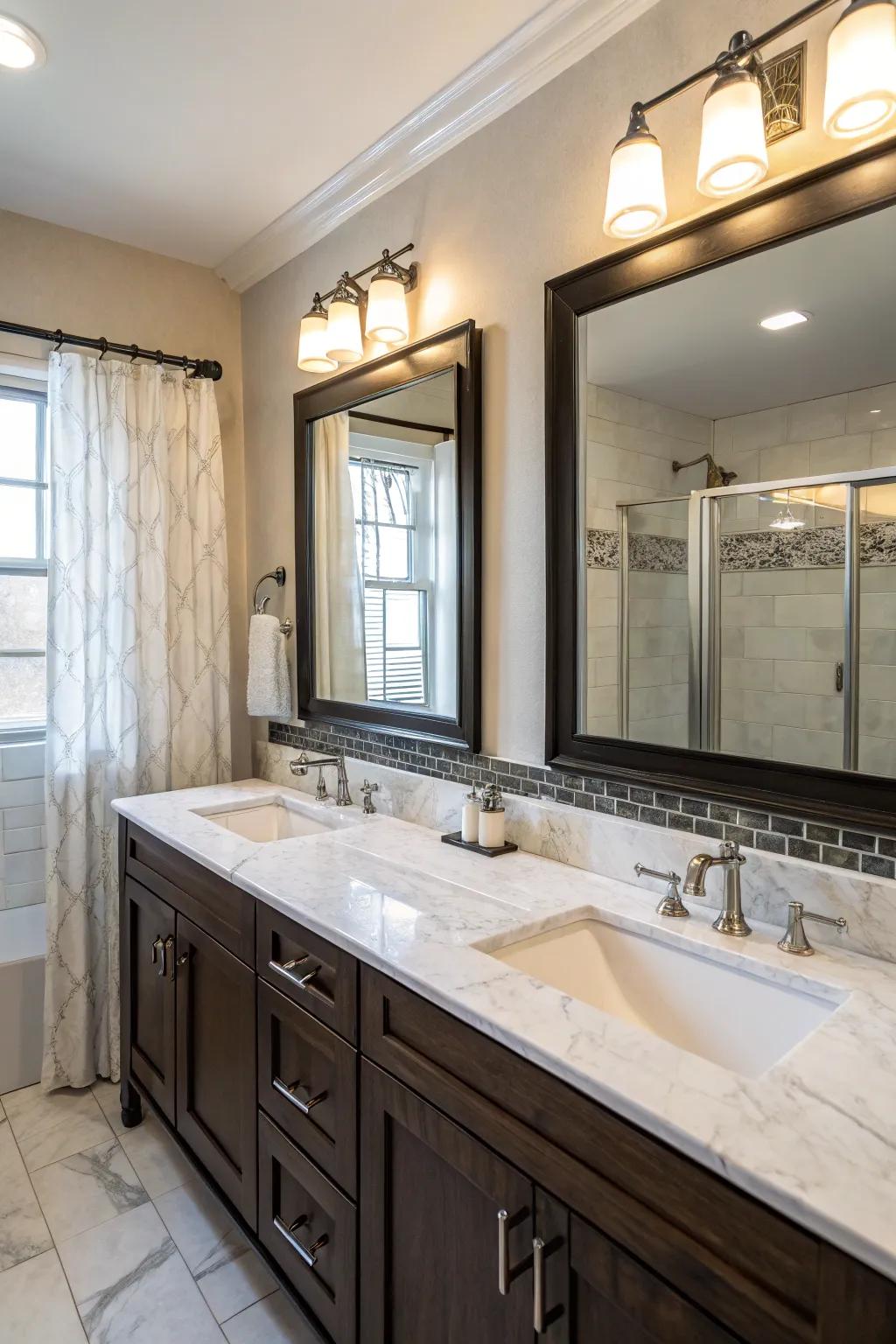 A spacious double vanity with artificial marble stone countertops offers both luxury and practicality.