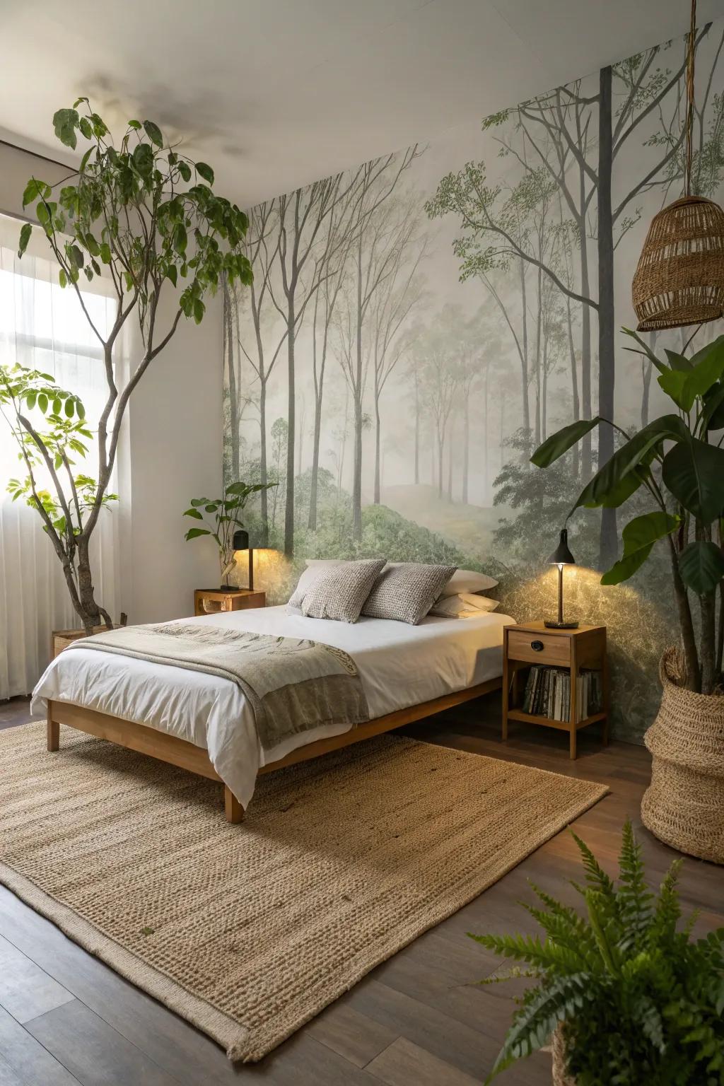 Forest-themed wallpaper creates a nature escape.
