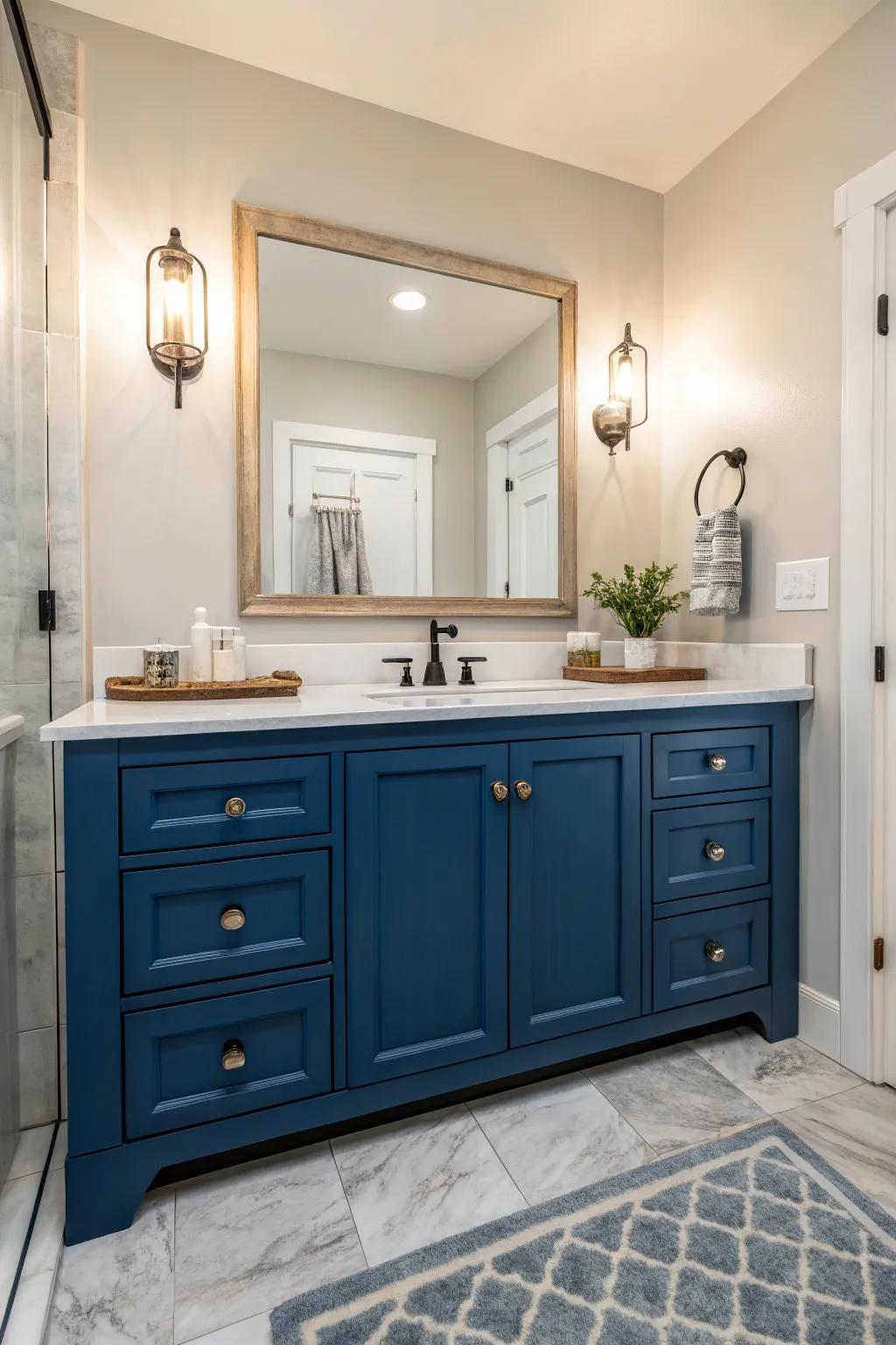 A primary bathroom featuring a bold blue vanity against a neutral backdrop.