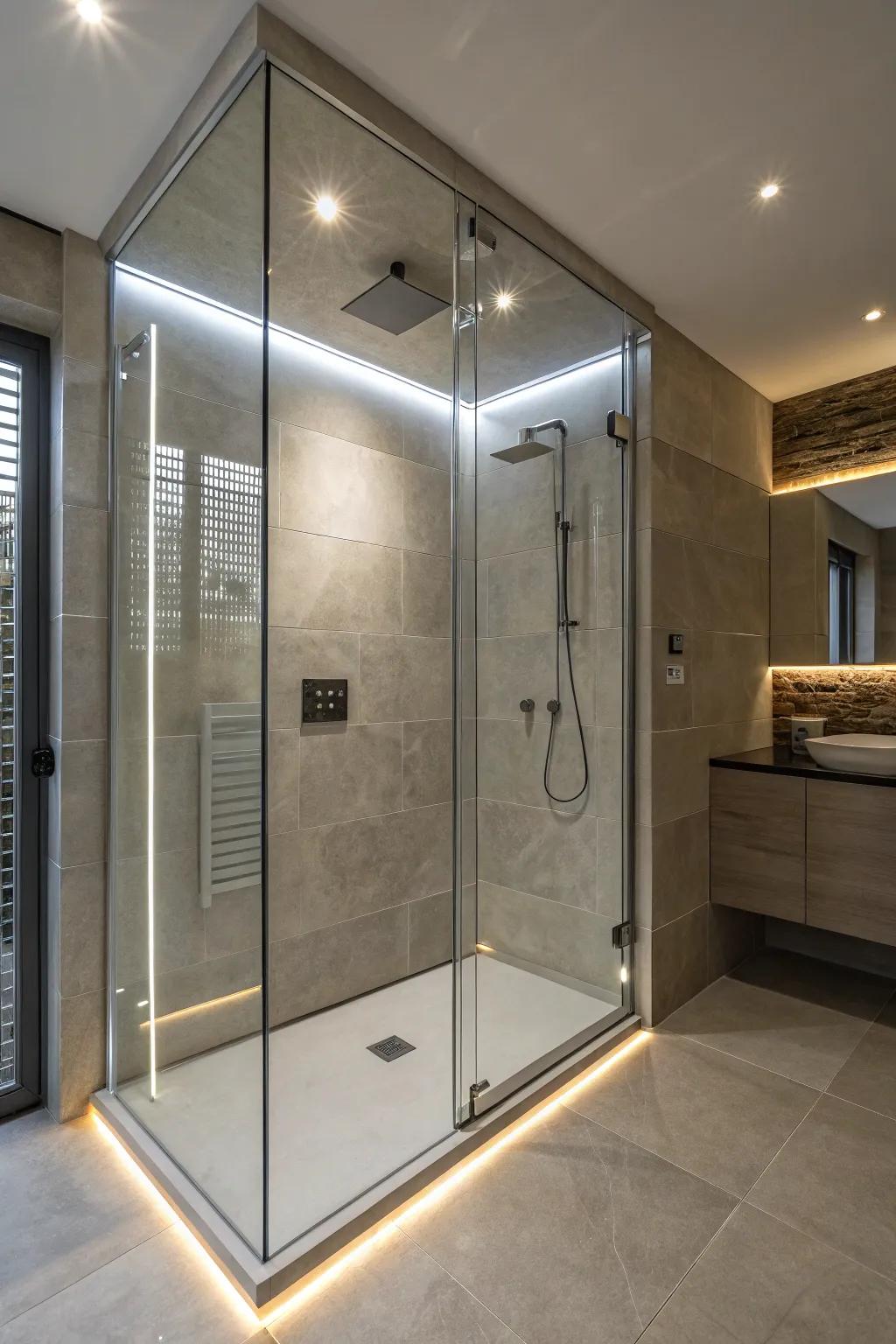 A walk-in shower with cleverly positioned integrated illumination.