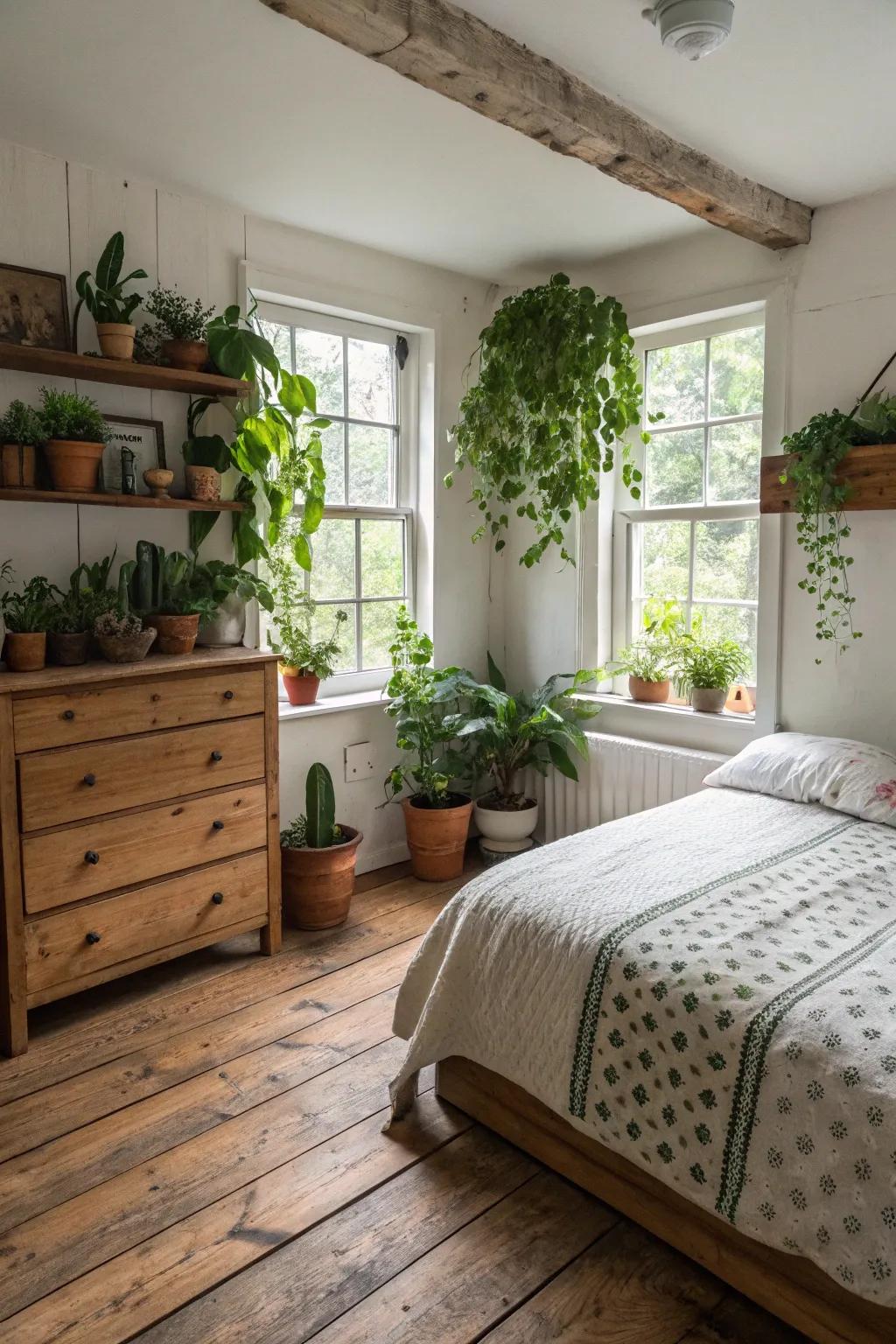 Stimulating inclusion of botanicals within a country-style bedroom