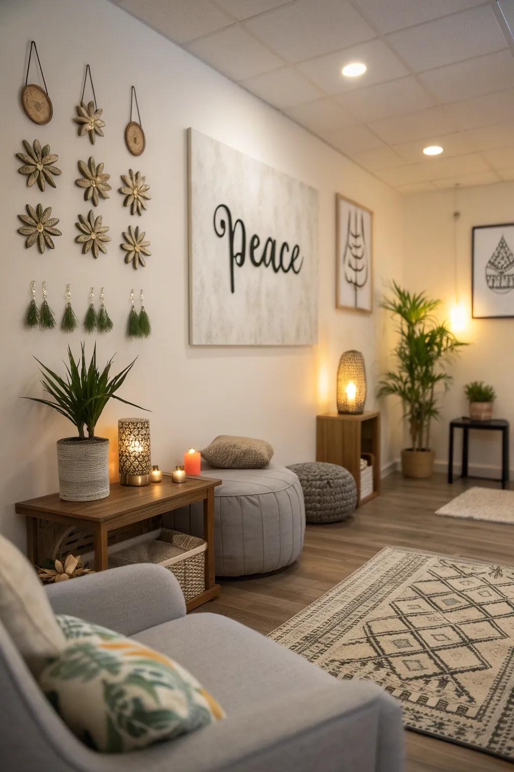 A meditation room showcasing inspiring wall art and words.
