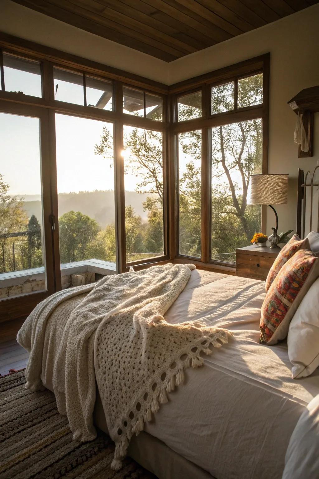 A boudoir featuring expansive windows that permit ample sunlight.