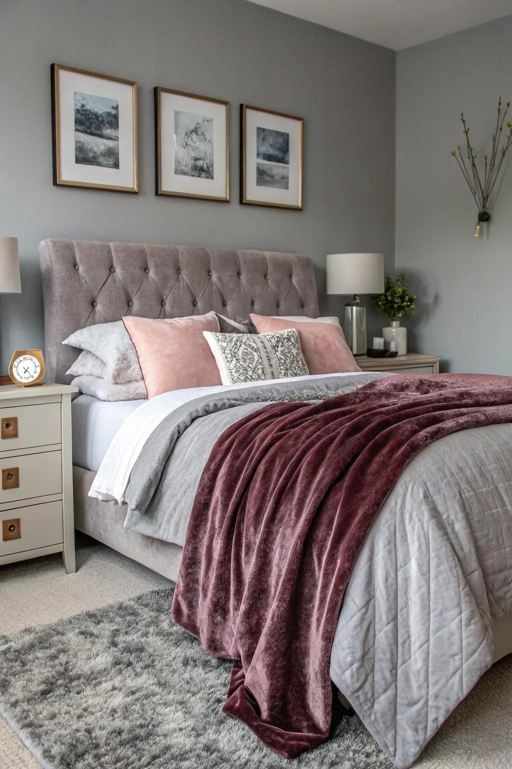 Plush bedding and velvet throws add texture to this cozy grey bedroom.