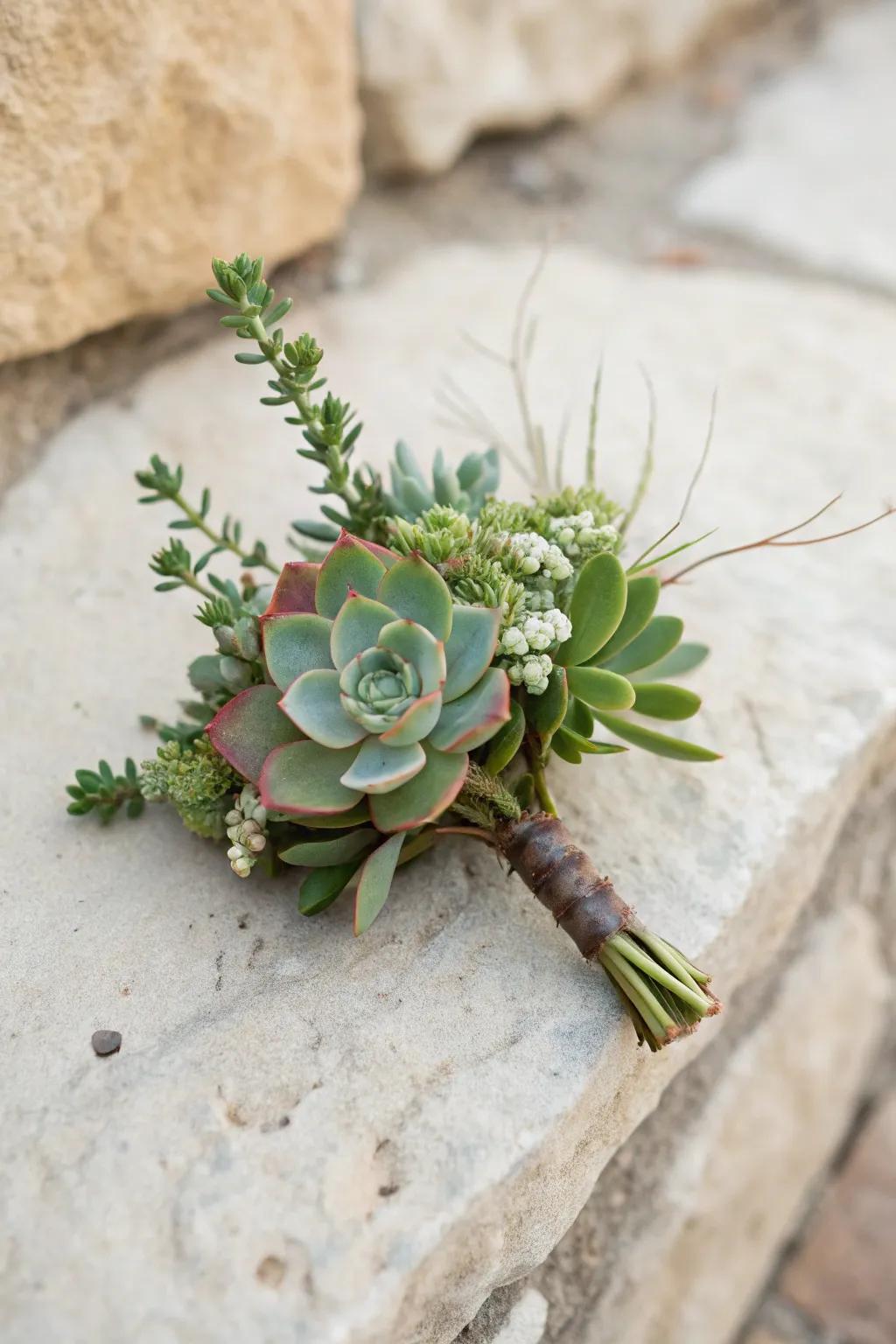 A fleshy leaf boutonniere presents a modern and distinctive appearance.