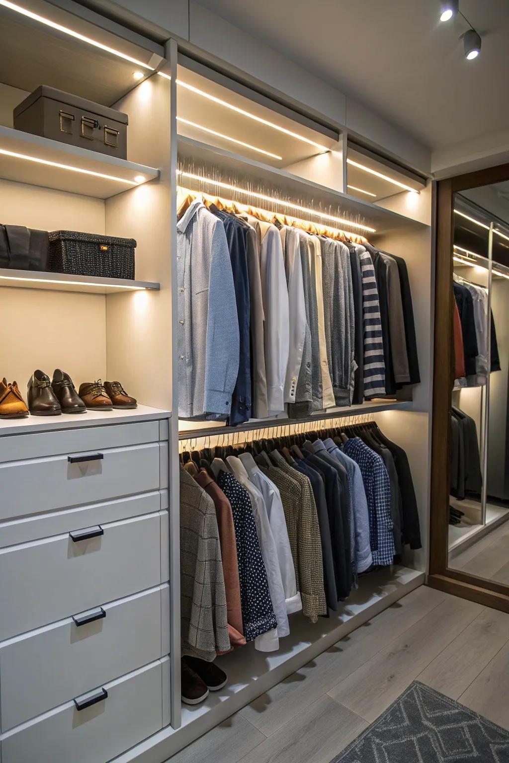 A well-lit closet section highlighting garments and accessories.