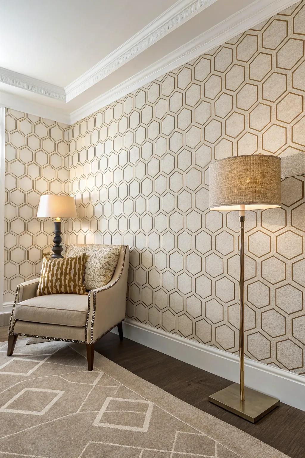 Contemporary space featuring honeycomb pattern era wall covering.