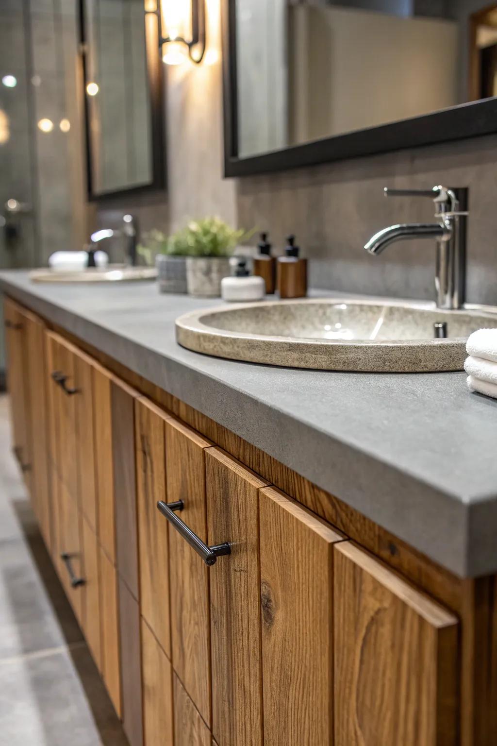 A mix of surface interests elevates the minimalist bathroom decor.