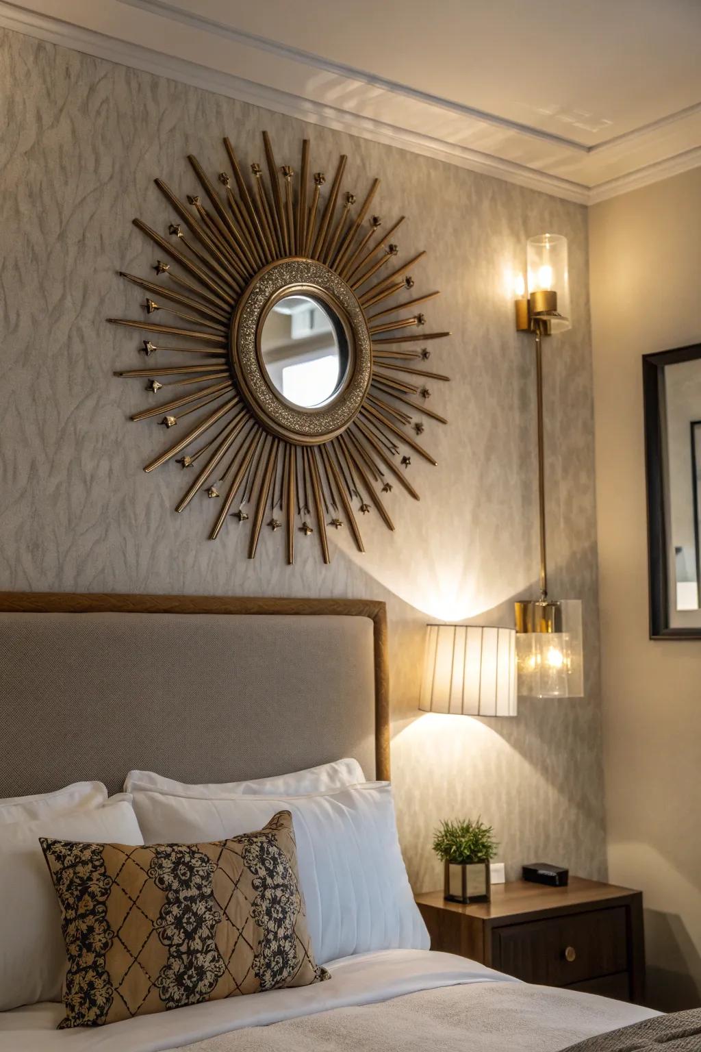 Decorative shaped mirrors add artistic flair.
