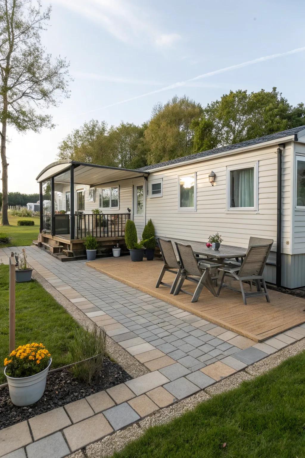 An inviting paved patio space with outdoor furnishings beside a mobile home.