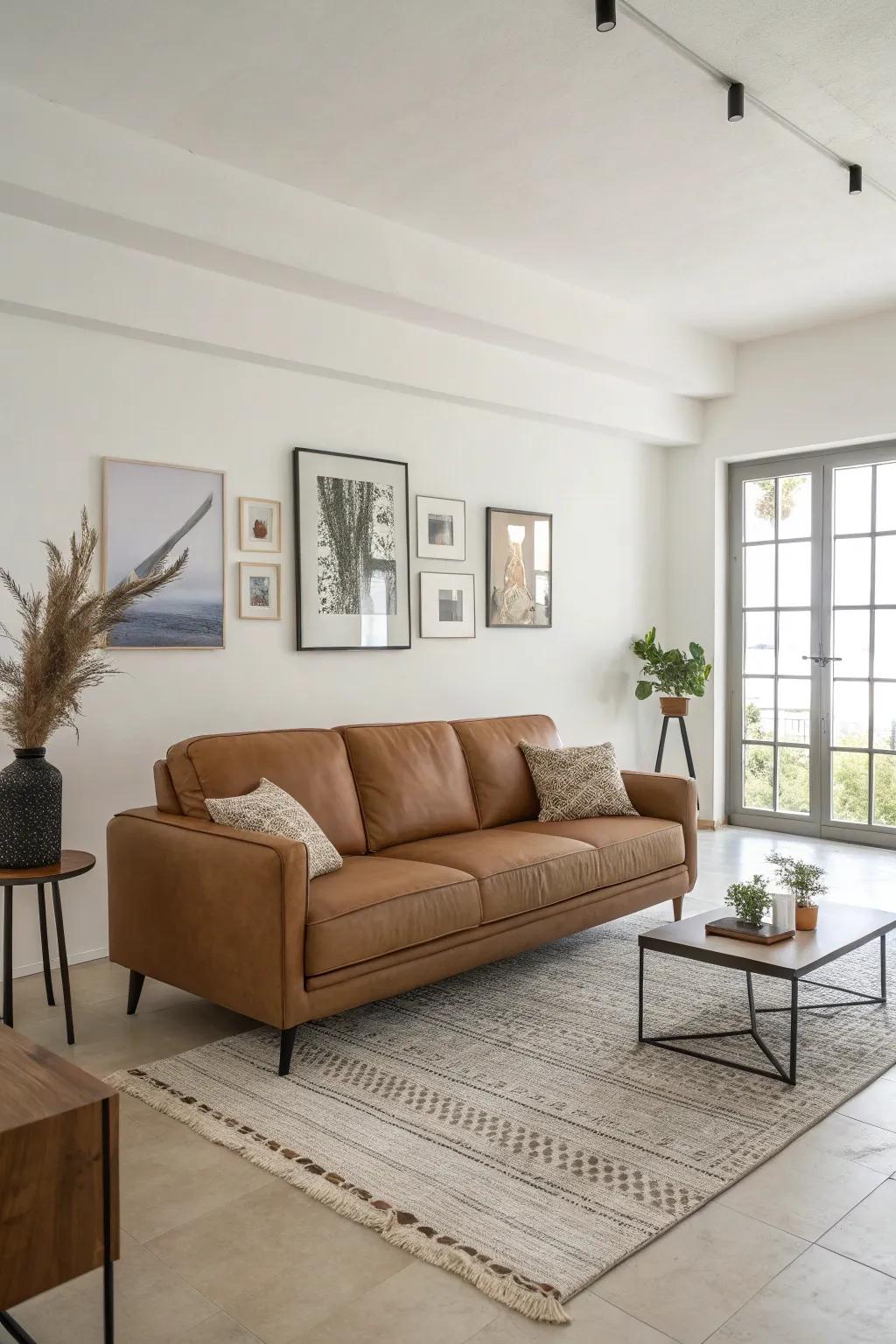 Minimalist decor enhances the cocoa-colored sofa for a contemporary sensation.