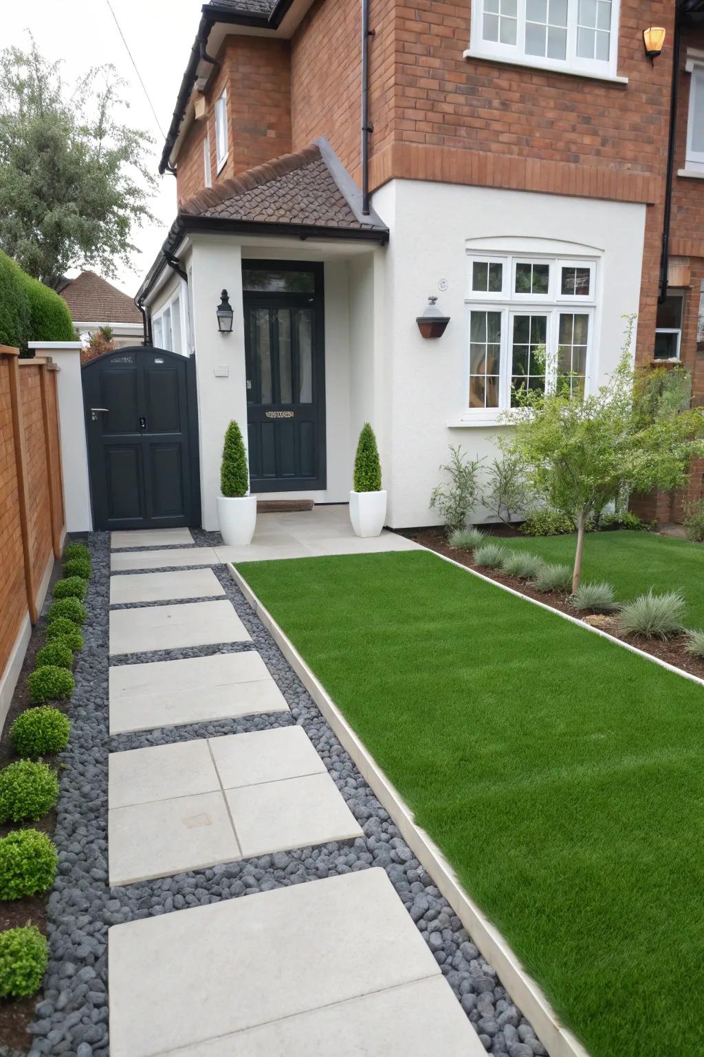 A streamlined, minimalist front yard showcasing artificial grass.