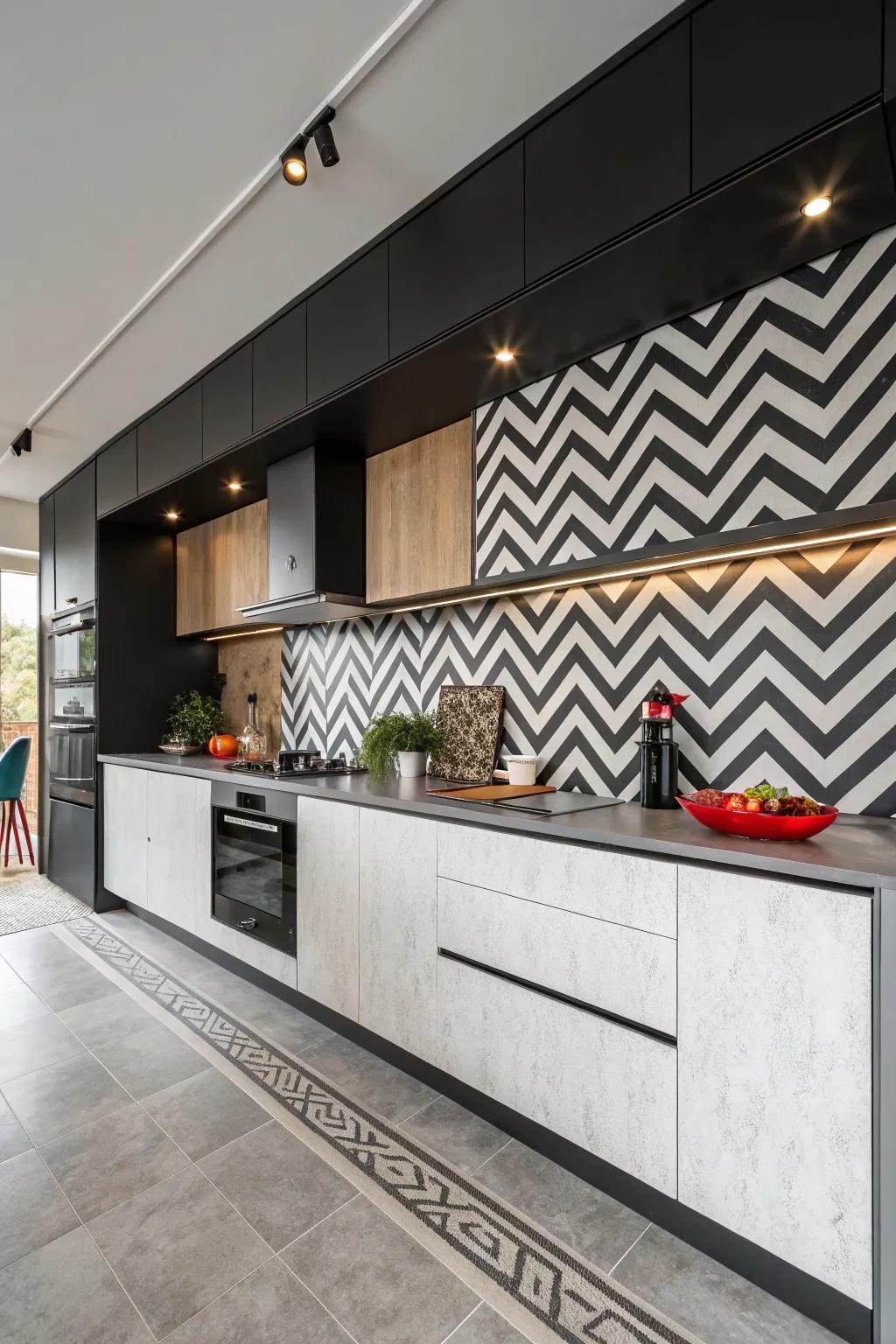 Diagonal designs inject movement into the kitchen area.