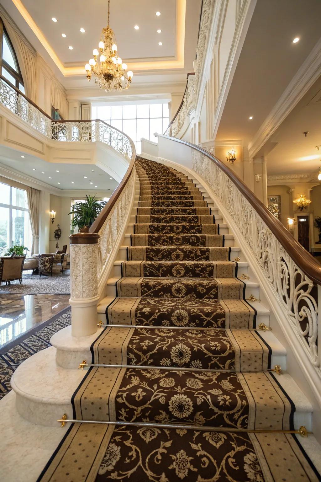 A sophisticated staircase featuring a stylish patterned runner