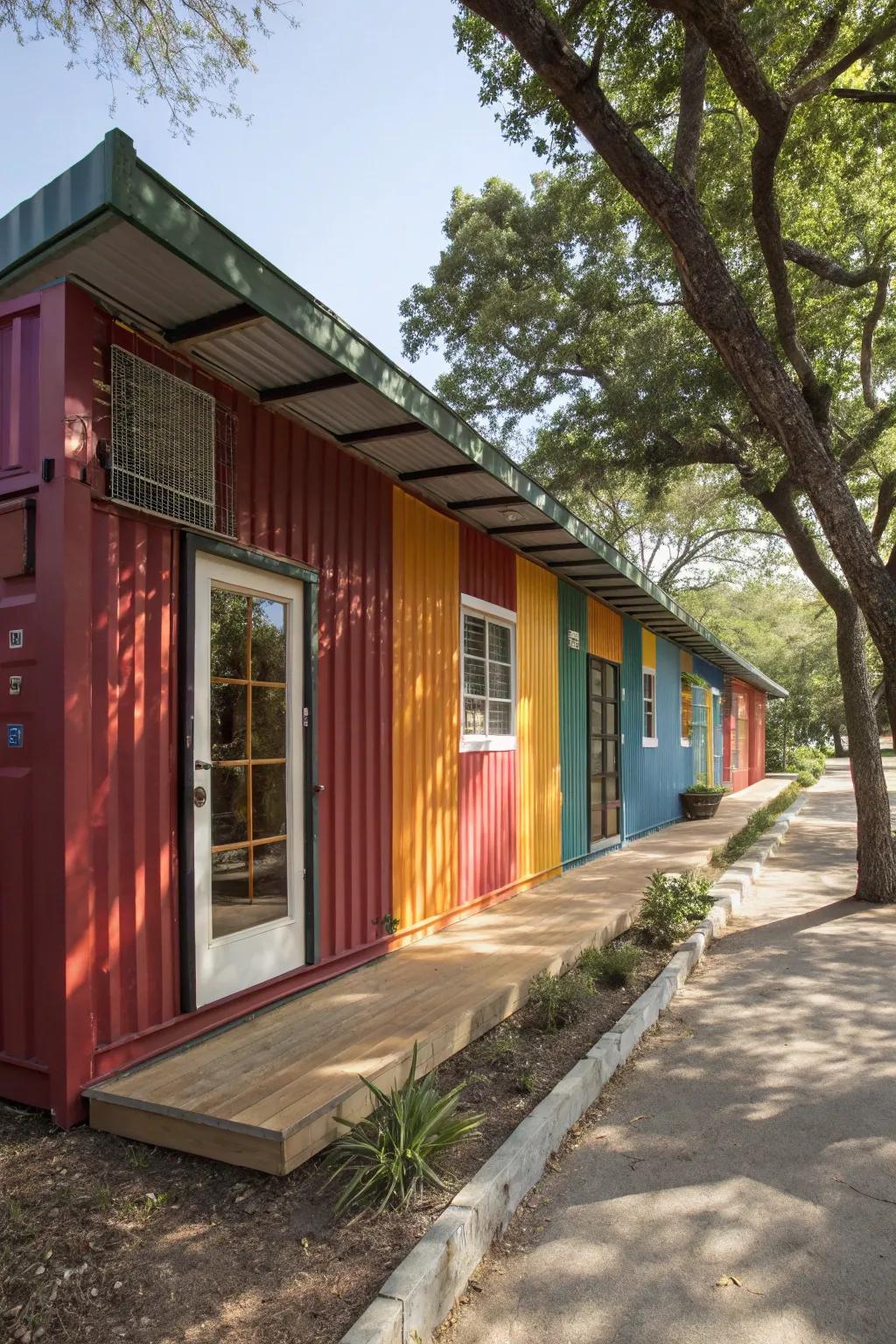 A container home featuring bold colors and textured exterior for visual appeal.