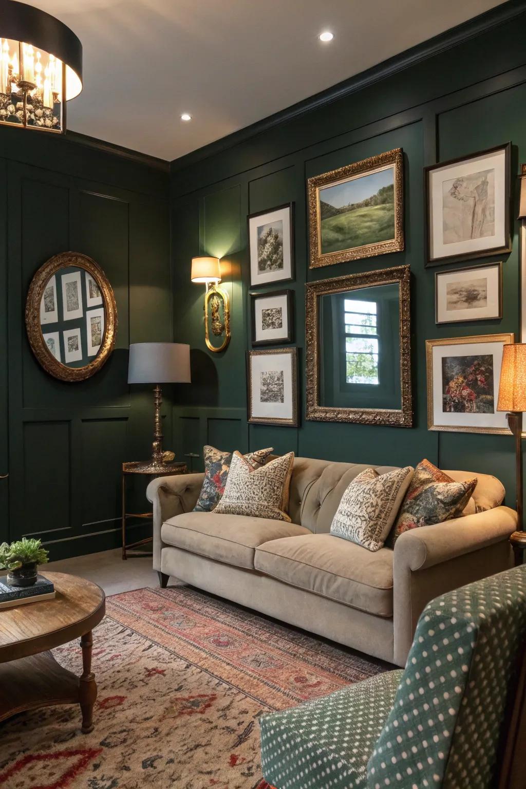 Artwork and looking glasses apply dimension and uniqueness to an emerald living space.