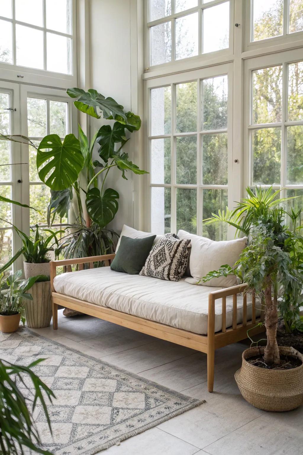 Indoor plants by a daybed introduce natural components and liveliness.