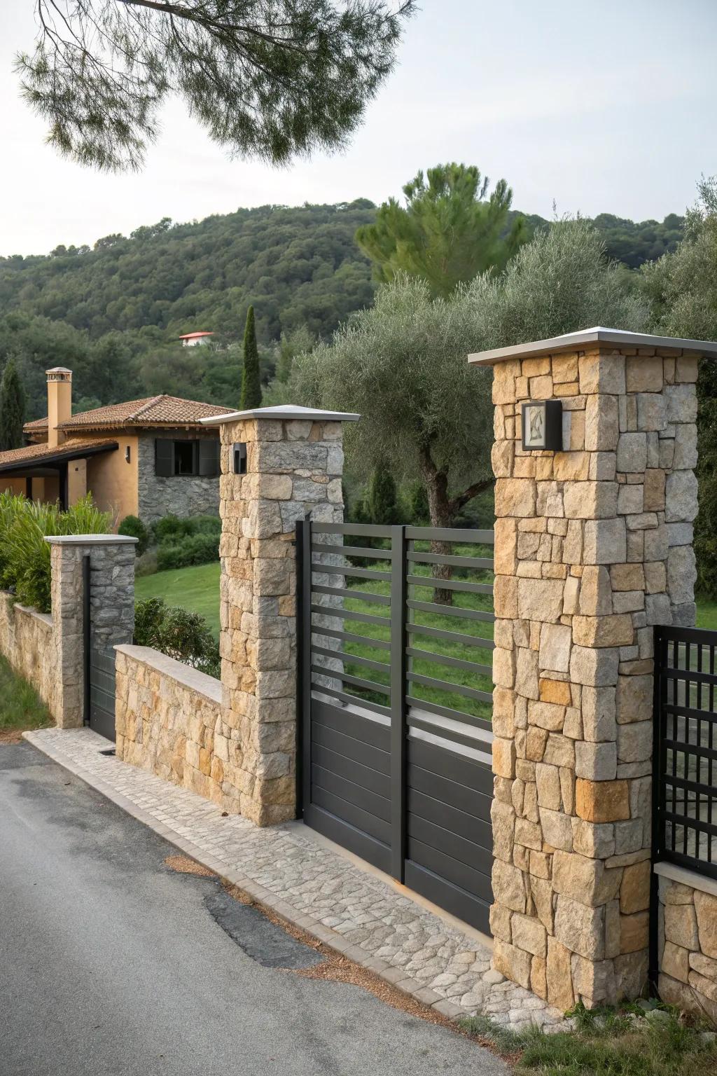 Mix rustic stone with modern design for a memorable entry.