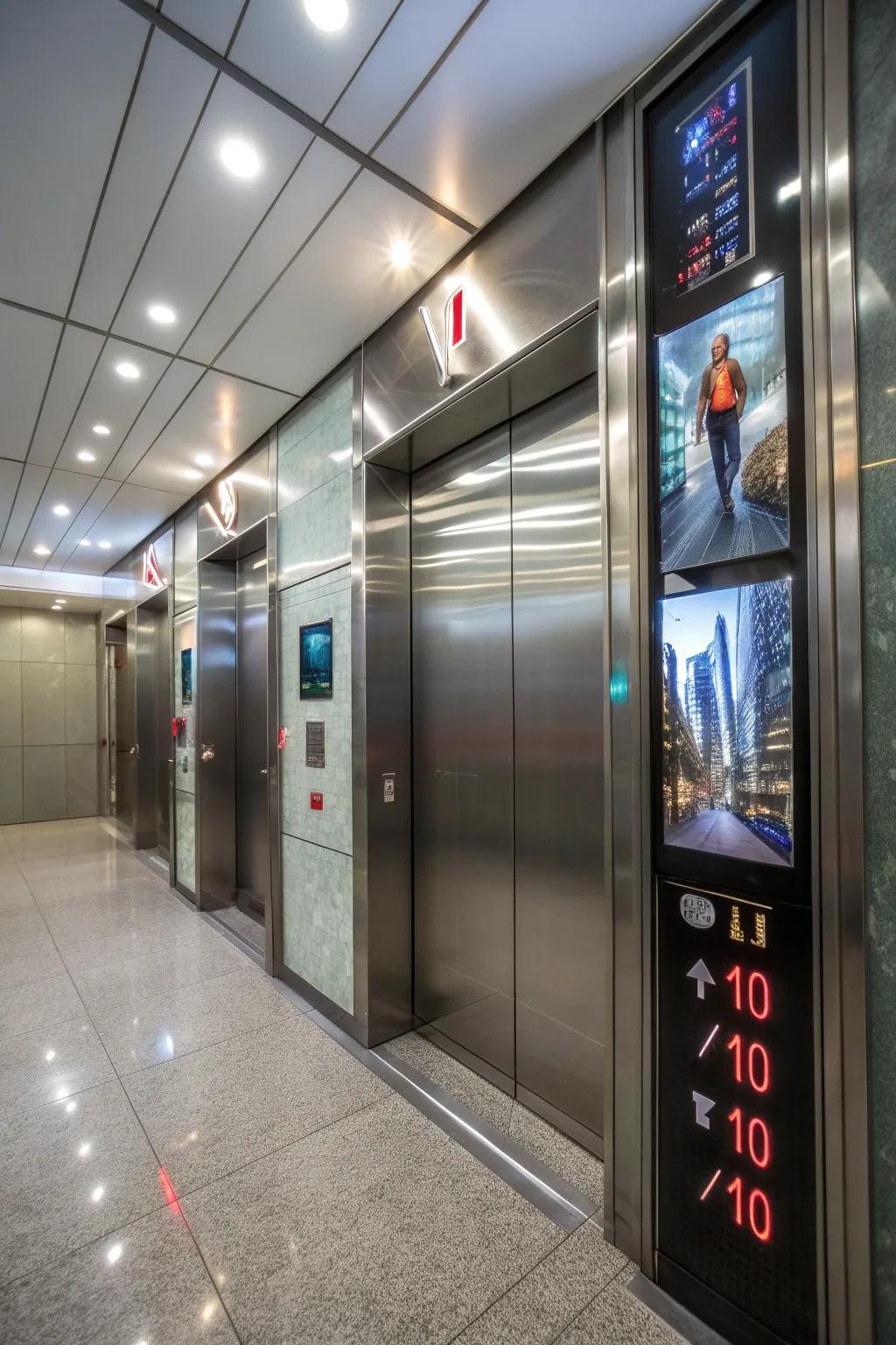 An elevator interior spotlighting digital displays for a modern accent.