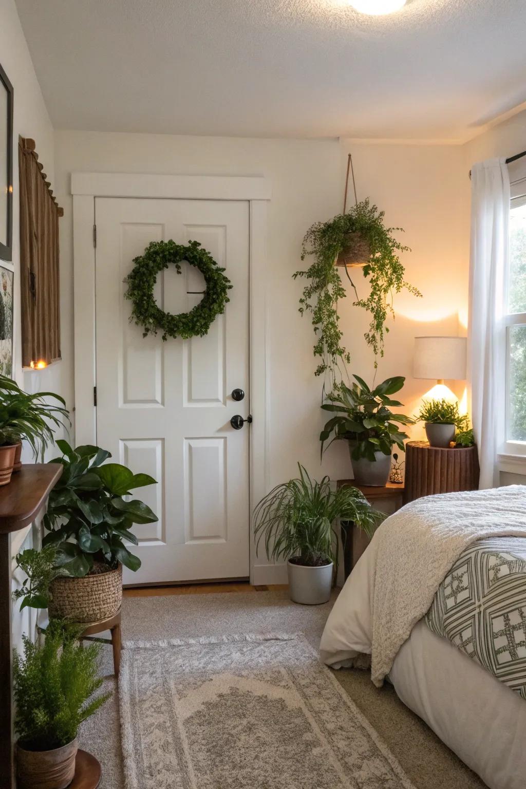 Plant life introduces an energizing and organic touch to this guest bedroom.