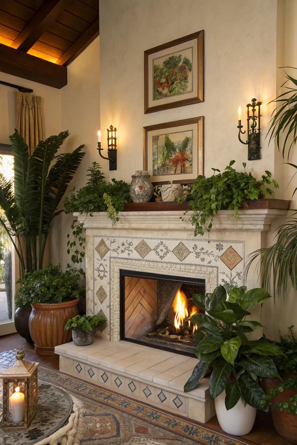 Fireplace adorned with ornamental details.