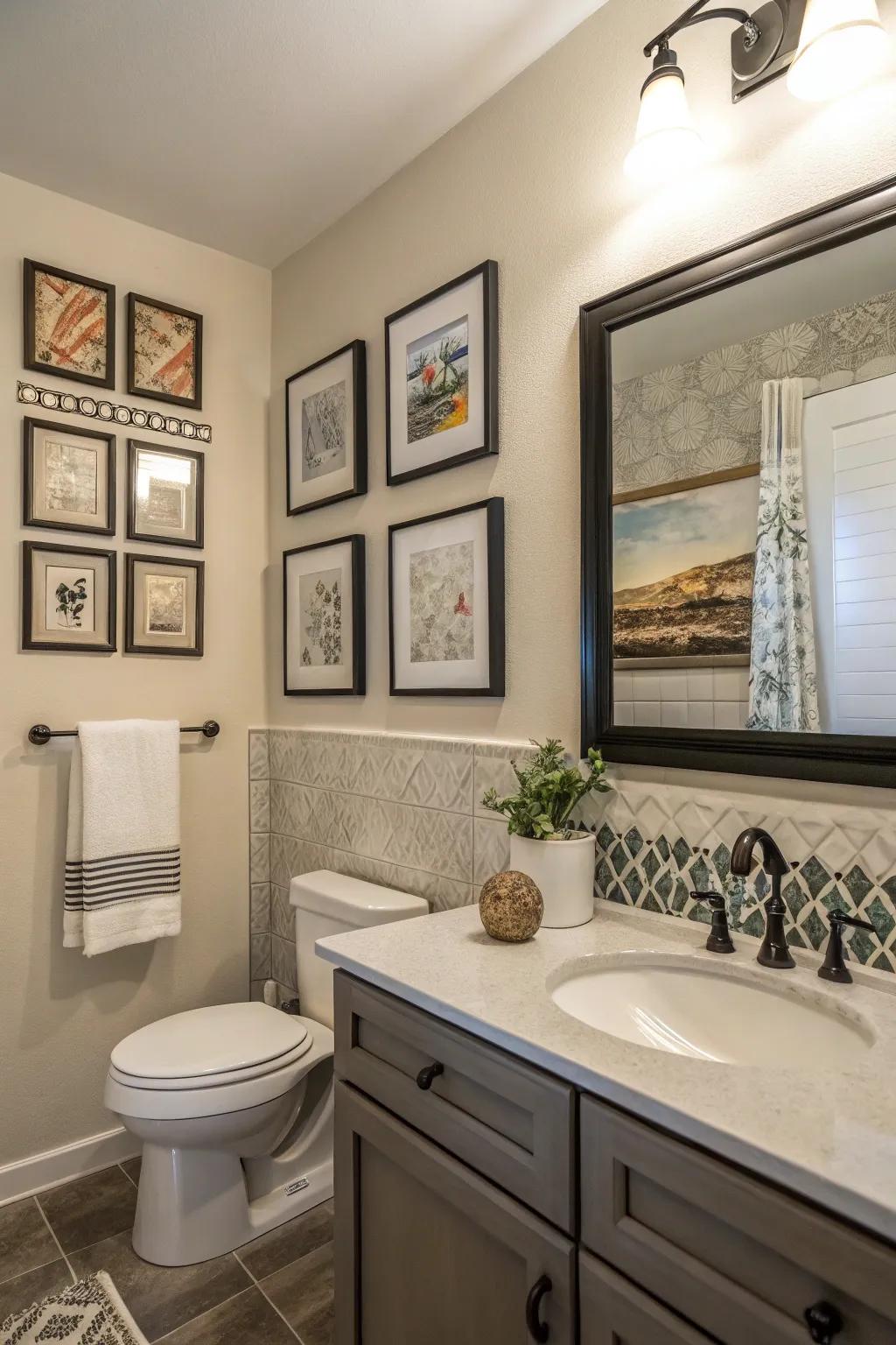 A bathroom presenting framed artwork and ornamental images for a sophisticated essence.