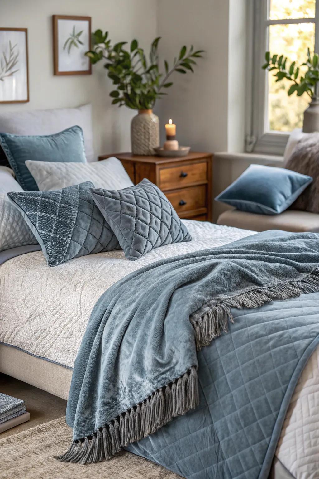 Tier textures like velvet and cotton for a snug, inviting bedroom.