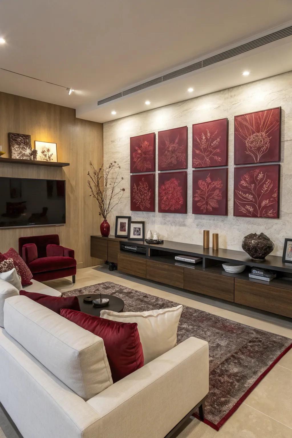 Living area featuring wine-inspired wall art and modern decor.