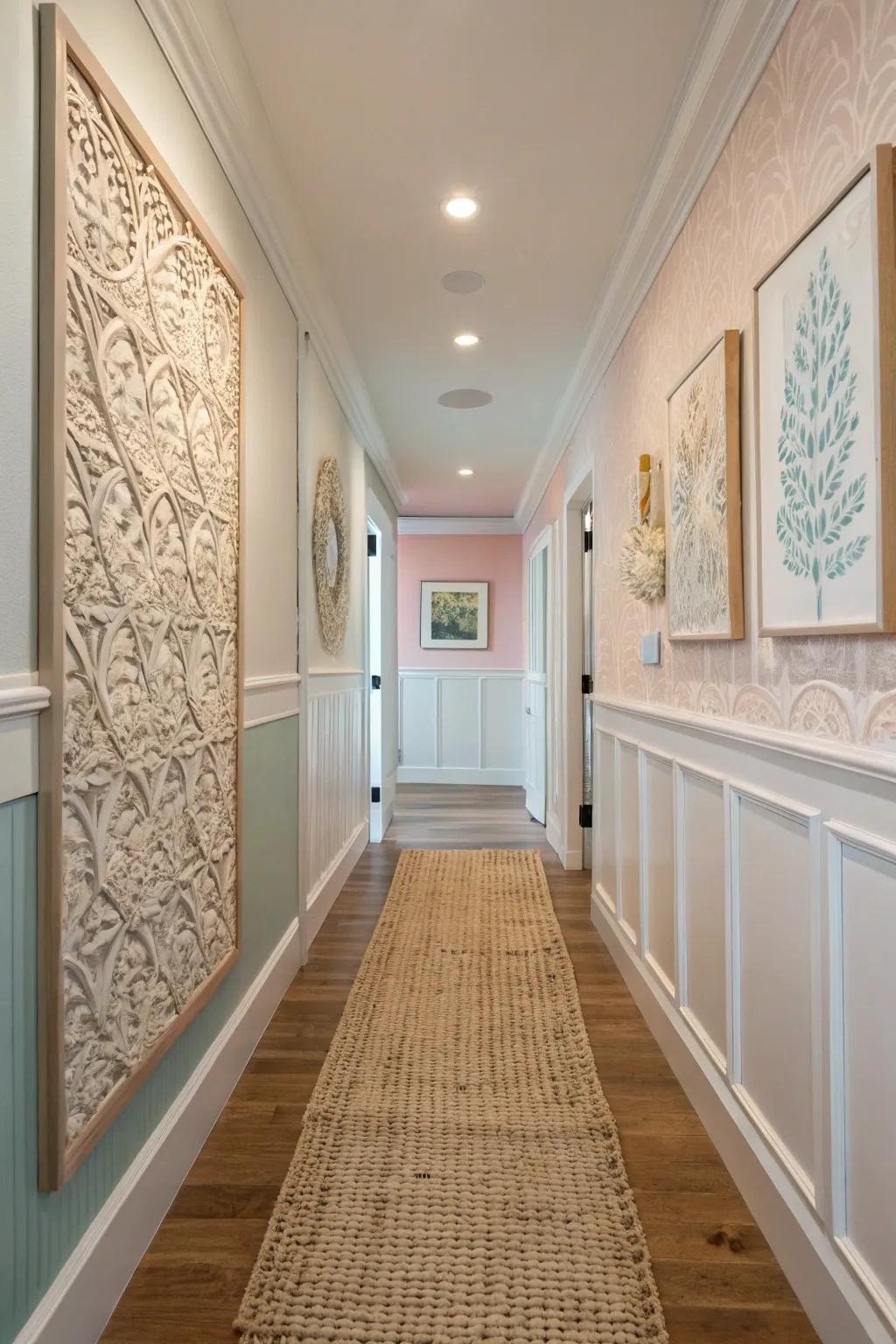 Textured components inject depth and captivation into the hallway.