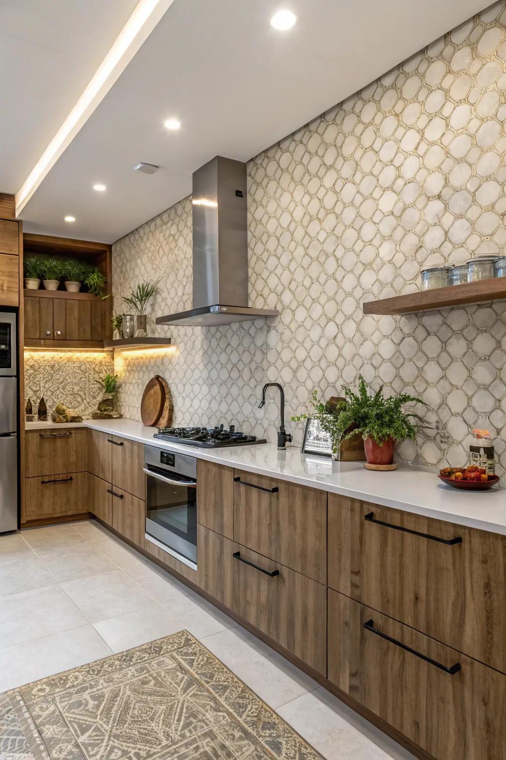 Raised tiles add depth and beckon touch.