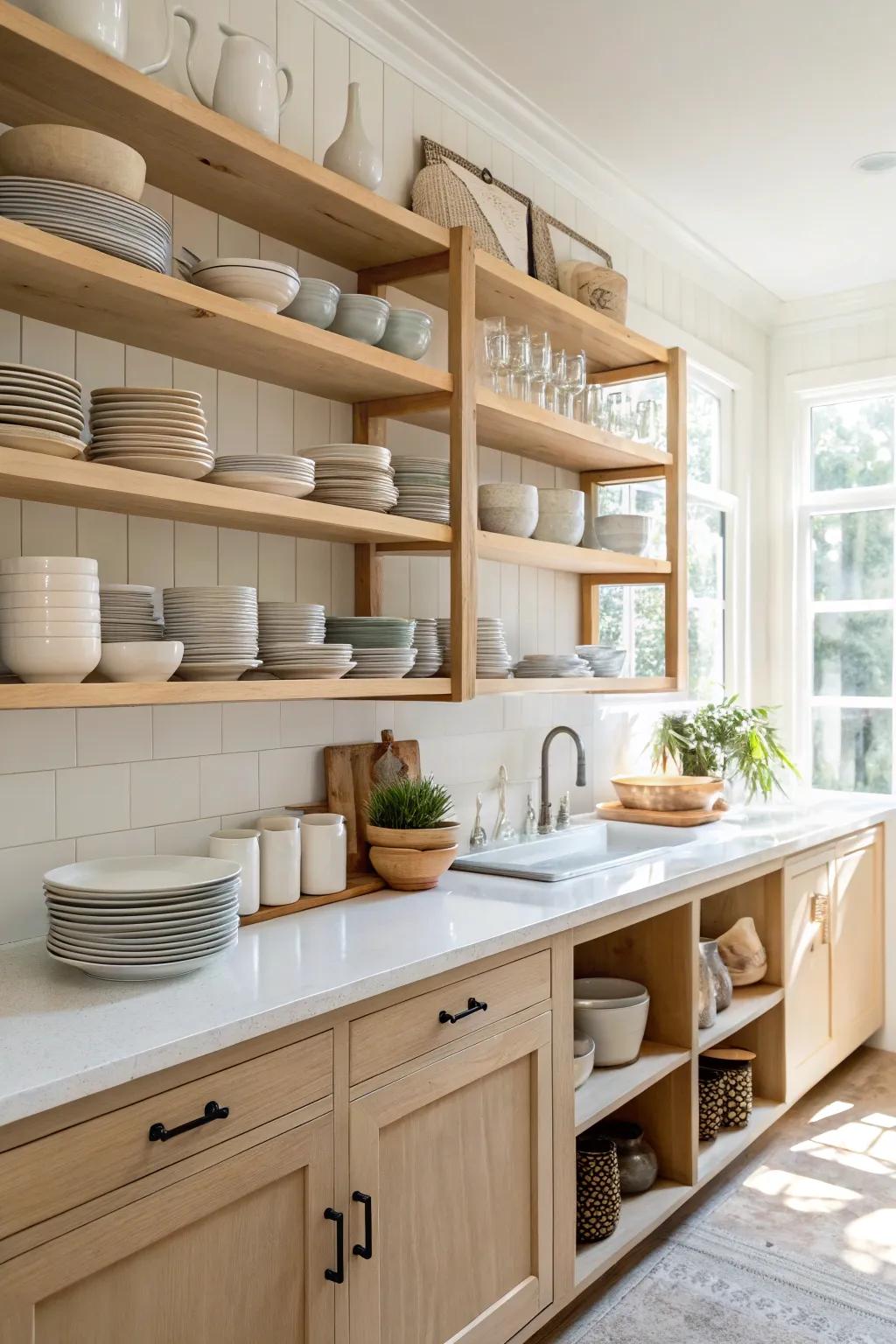 Open shelving with cream-colored pecan wood offers both style and utility.