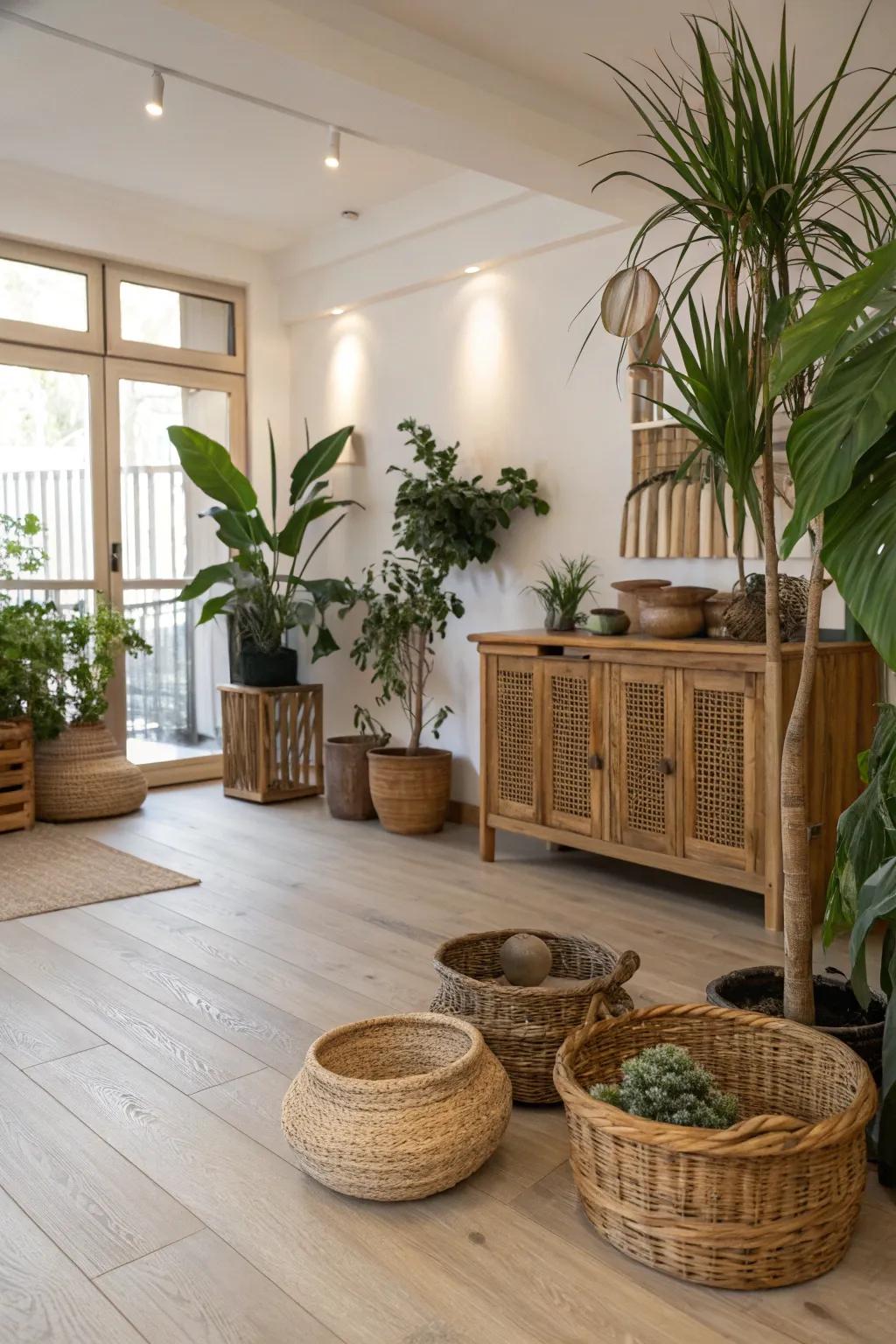 Natural elements beautifully complement pale timber flooring.