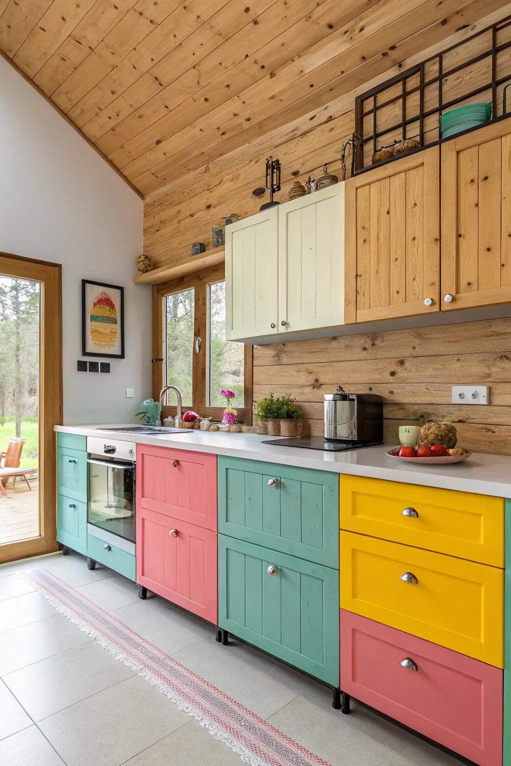 Colorful accents enhance personality in rustic kitchens.